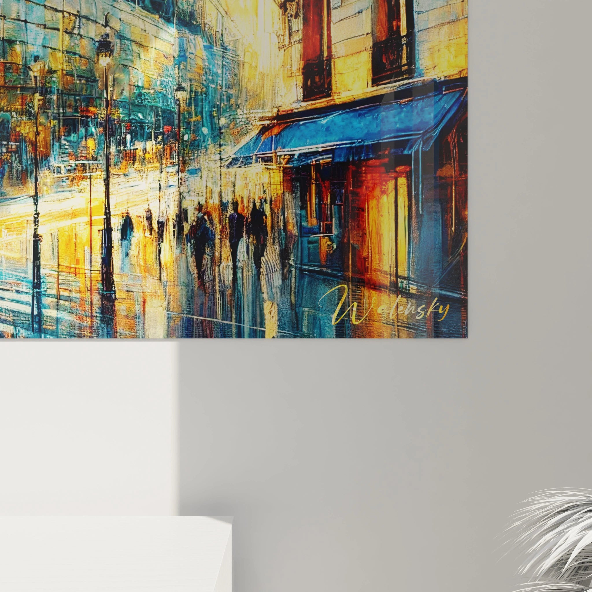 Vue rapprochée tableau Bercy révèle des textures fractales, des reflets dorés intenses et des traits dynamiques évoquant les lumières urbaines et l’architecture audacieuse de ce quartier parisien.

