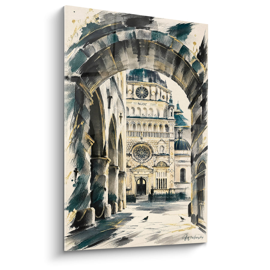 Tableau Basilique ivoire sous une arcade anthracite dorée - Silence monumental - Edition Bergame Lombardie Italie