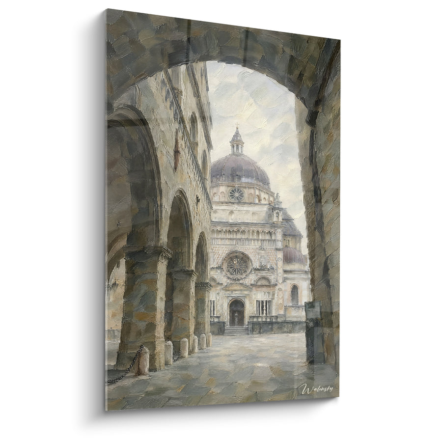 Tableau Basilique sous arcades grises et beiges - Passage vers l'histoire - Edition Bergame Lombardie Italie