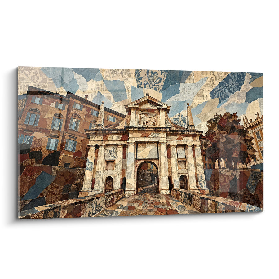 Tableau Porte monumentale aux tons ocre et bleu - Passage du temps - Edition Bergame Lombardie Italie