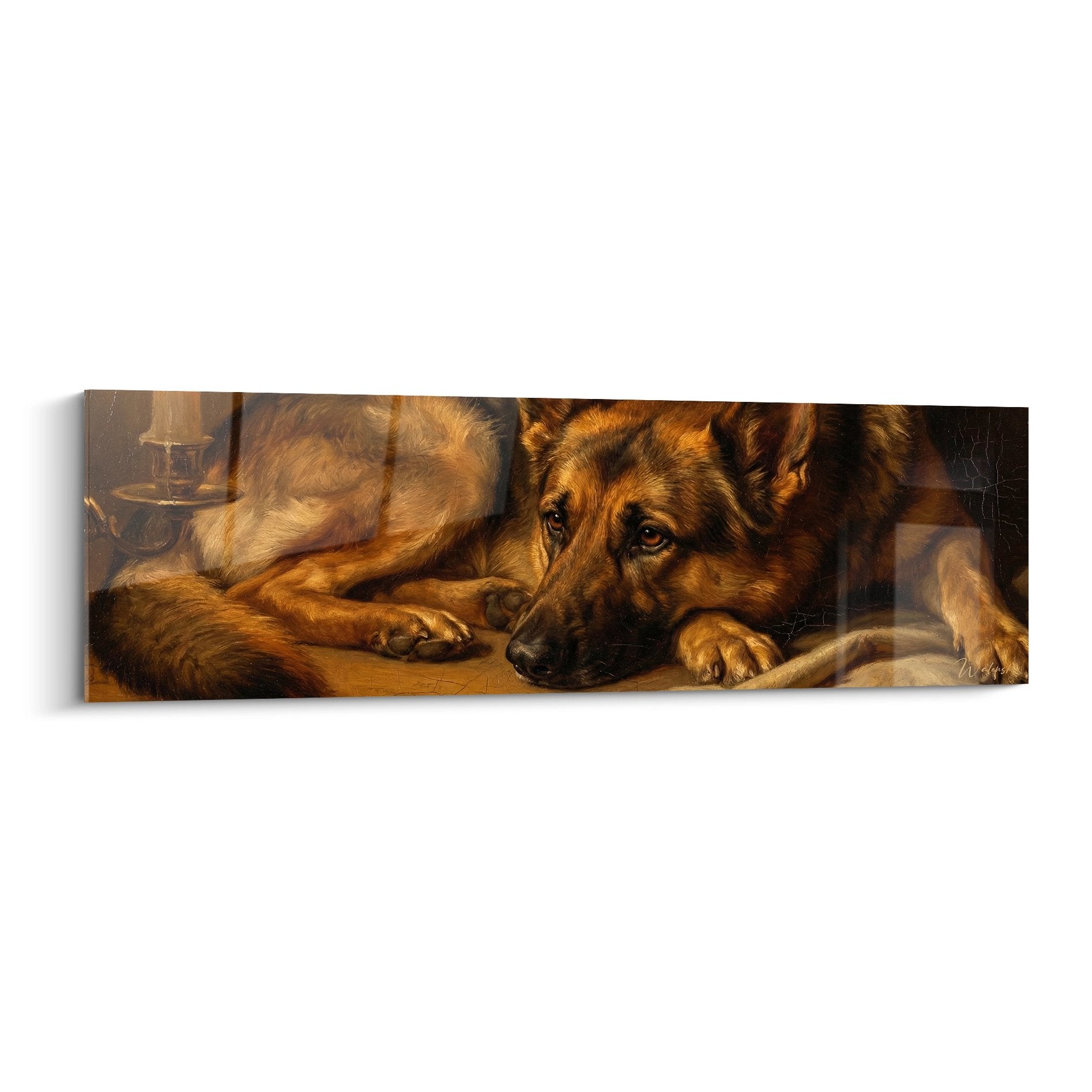 tableau berger allemand allonge tons dores regard contemplatif peinture realiste chien fidele