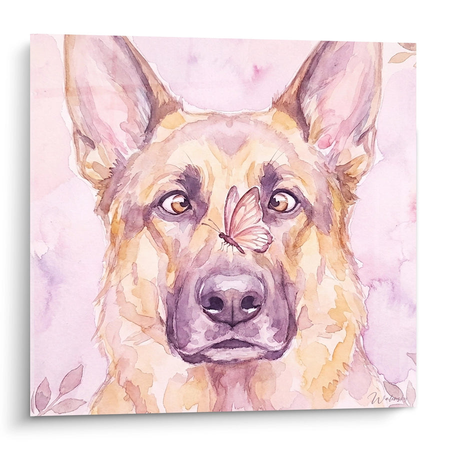 Tableau Berger Allemand Aquarelle Rose avec Papillon - Douceur Pastel - Edition Tableau Berger Allemand