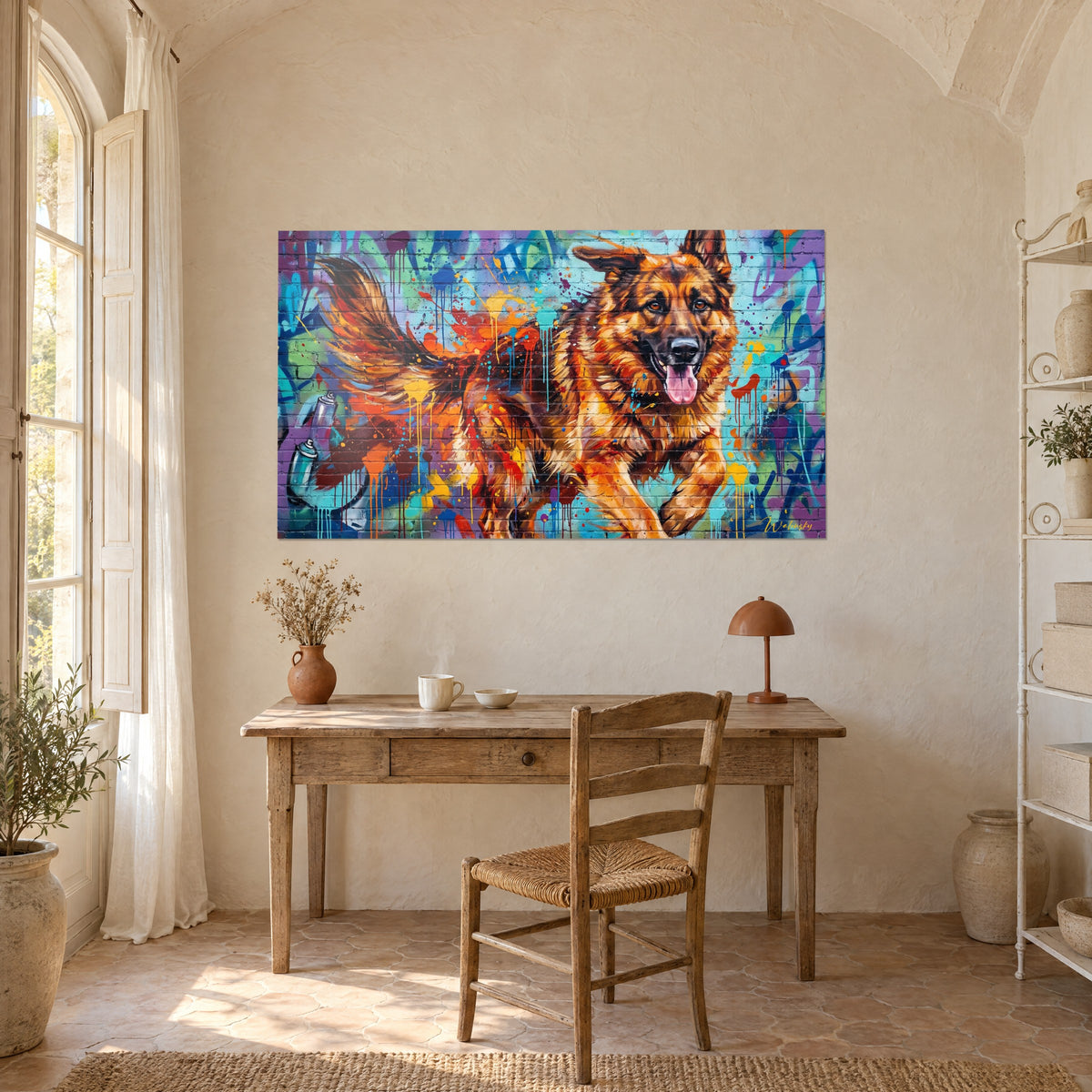 Schilderij rennend dier, bossige bruine en oranje staart, turquoise en violette stadsmuurschildering, houten bureau en rieten stoel