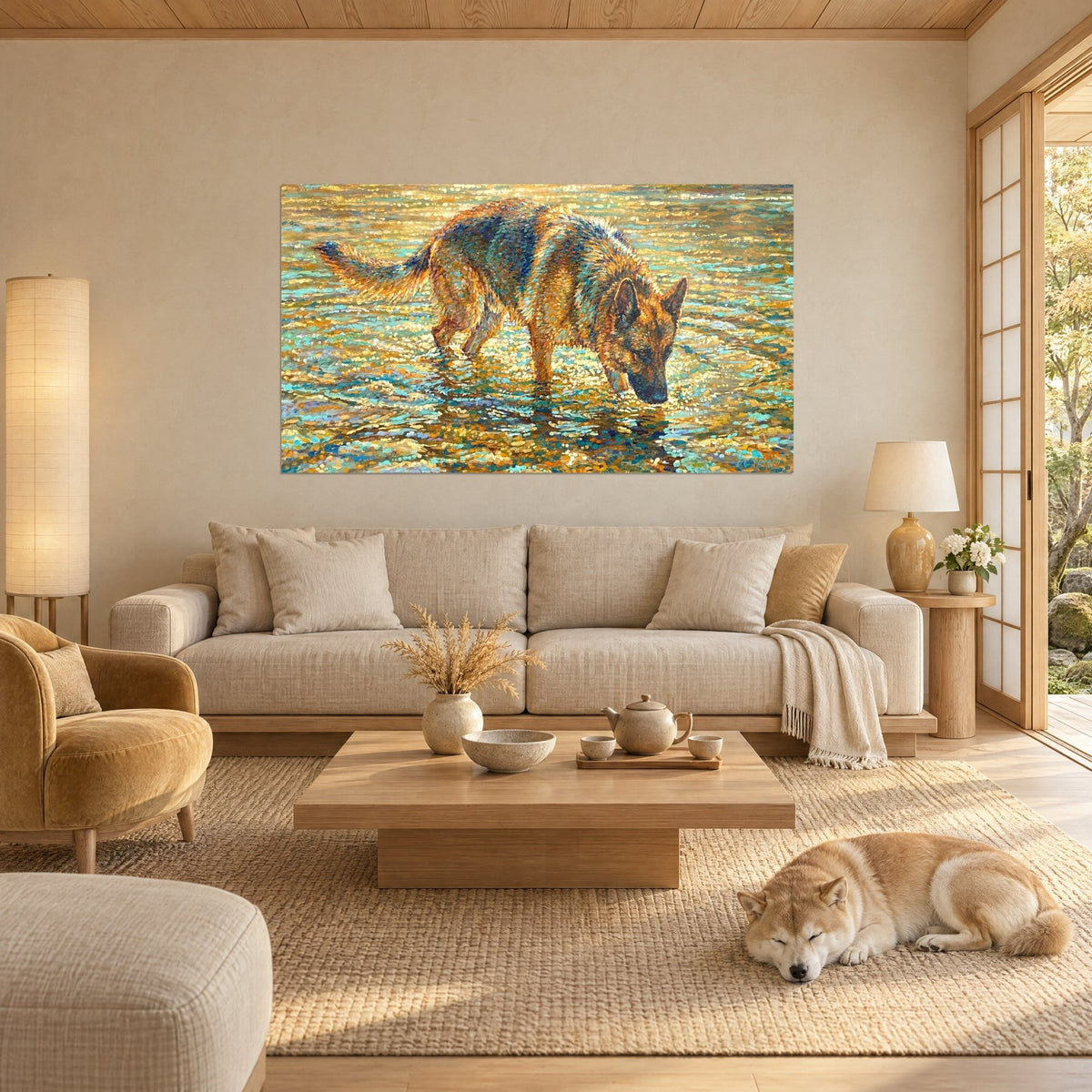 Schilderij herdershond die in goudkleurig water ploetert, vacht vosrood en nachtblauw, slapende Shiba, boven een bank in een lichte woonkamer