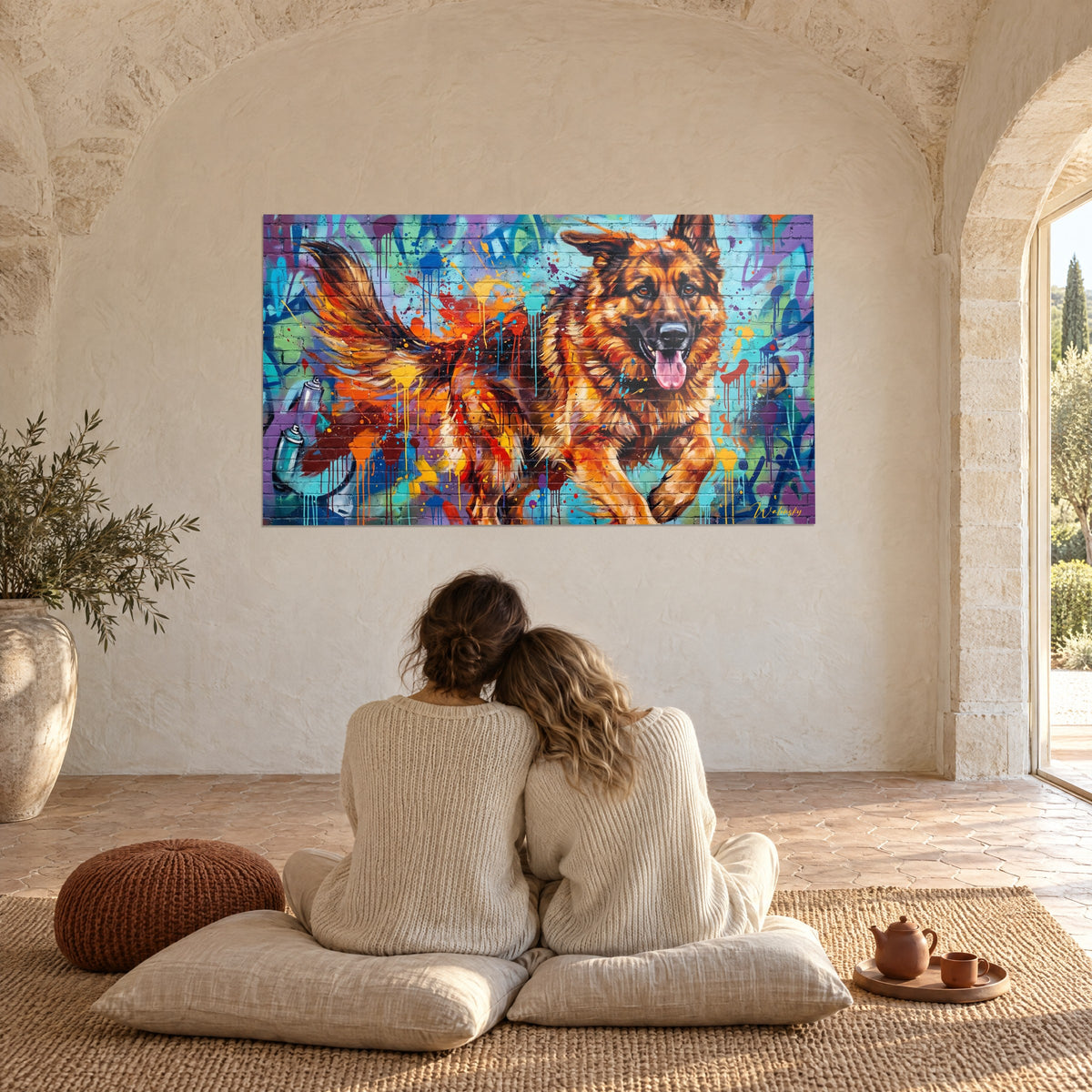 Schilderij wolfshond met open bek, blauwe en paarse graffitachtergrond, koppel van achteren omhelsd op beige kussens, gewelfde boerderij