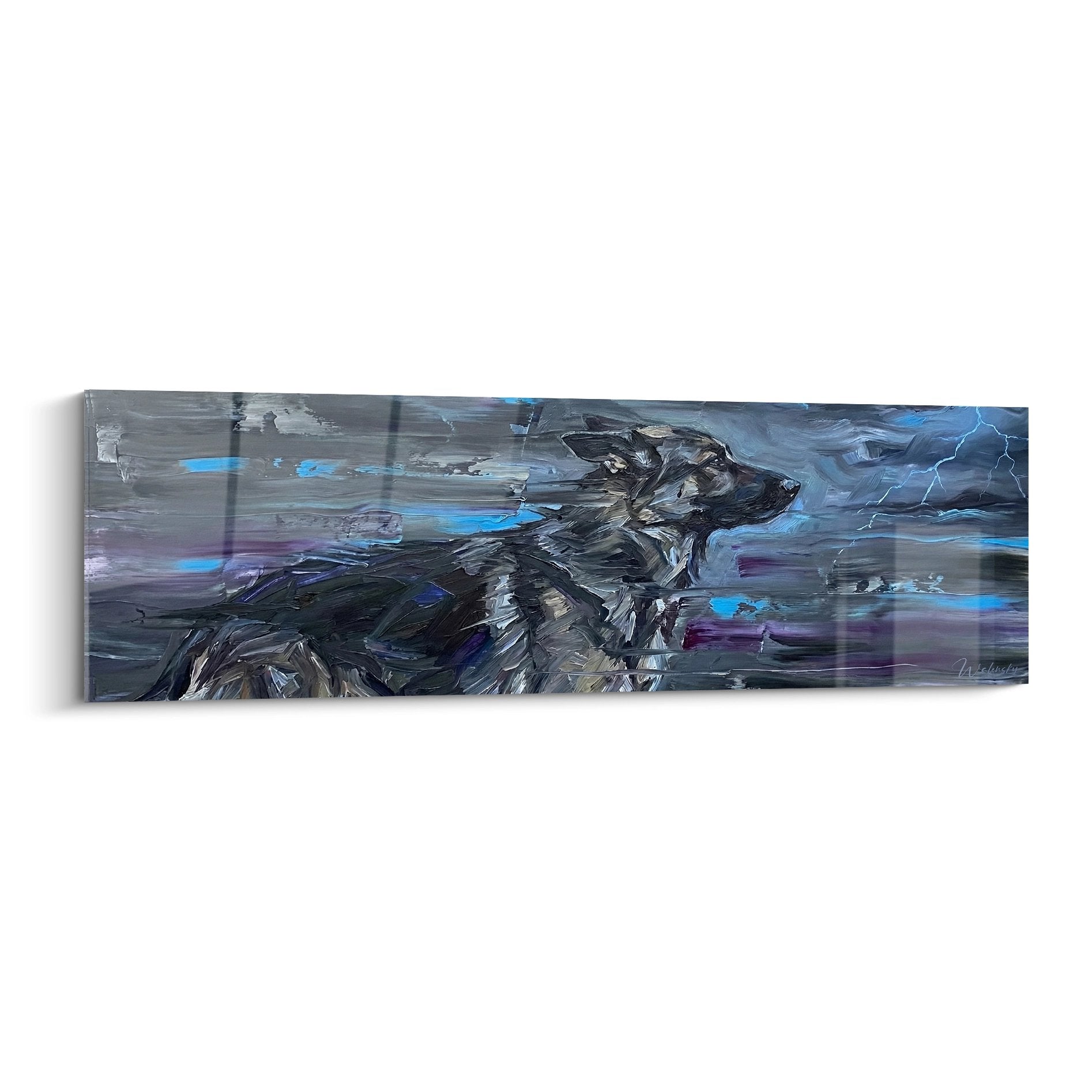 tableau berger allemand dynamique tons bleus gris style expressionniste art canin moderne