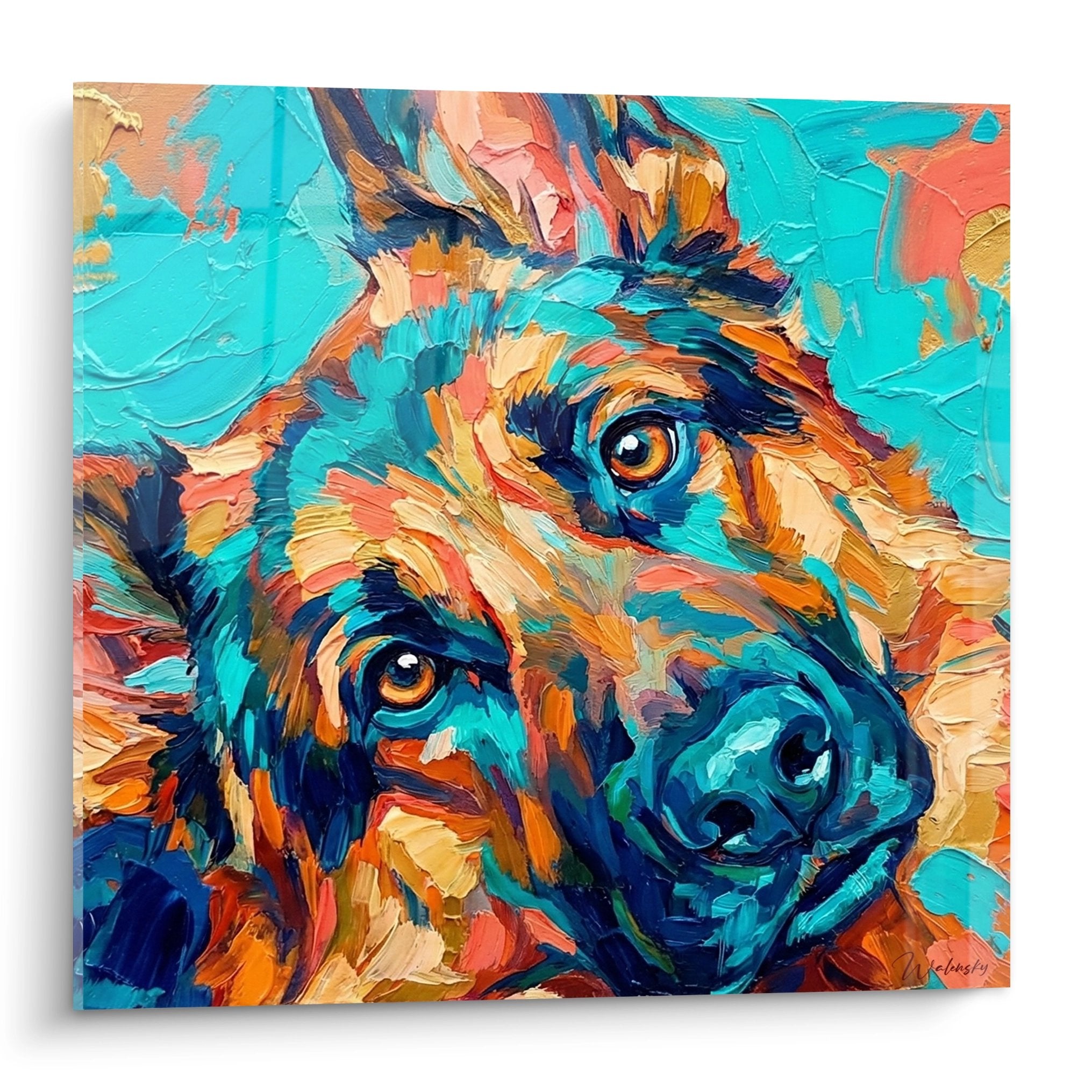 Expressionistisches Deutscher-Schäferhund-Gemälde in Türkis- und Orangetönen mit bernsteinfarbenen Augen auf Leinwand