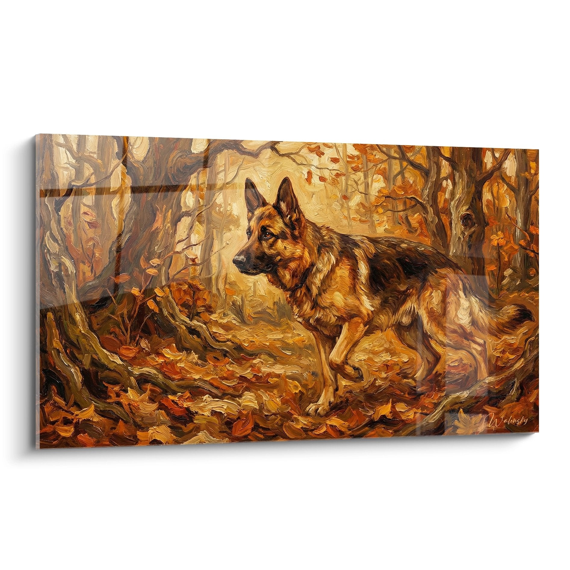 german shepherd painting forest autumn warm colors ochre gold impressionist nature art