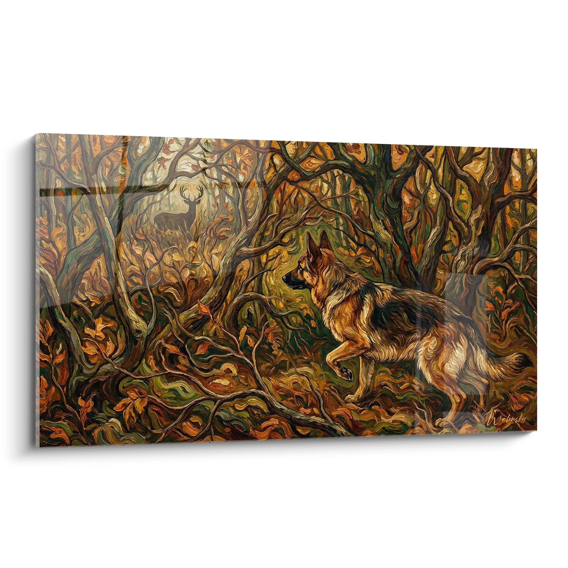 Quadro pastore tedesco nella foresta autunnale con tonalità ramee e dorate con cervo sullo sfondo stile artistico
