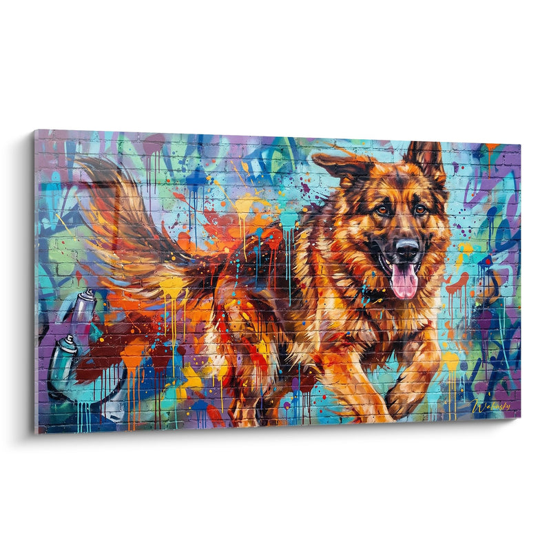 Deutscher Schäferhund in Bewegung auf farbigem Graffiti - Urbane Energie - Deutscher Schäferhund Edition