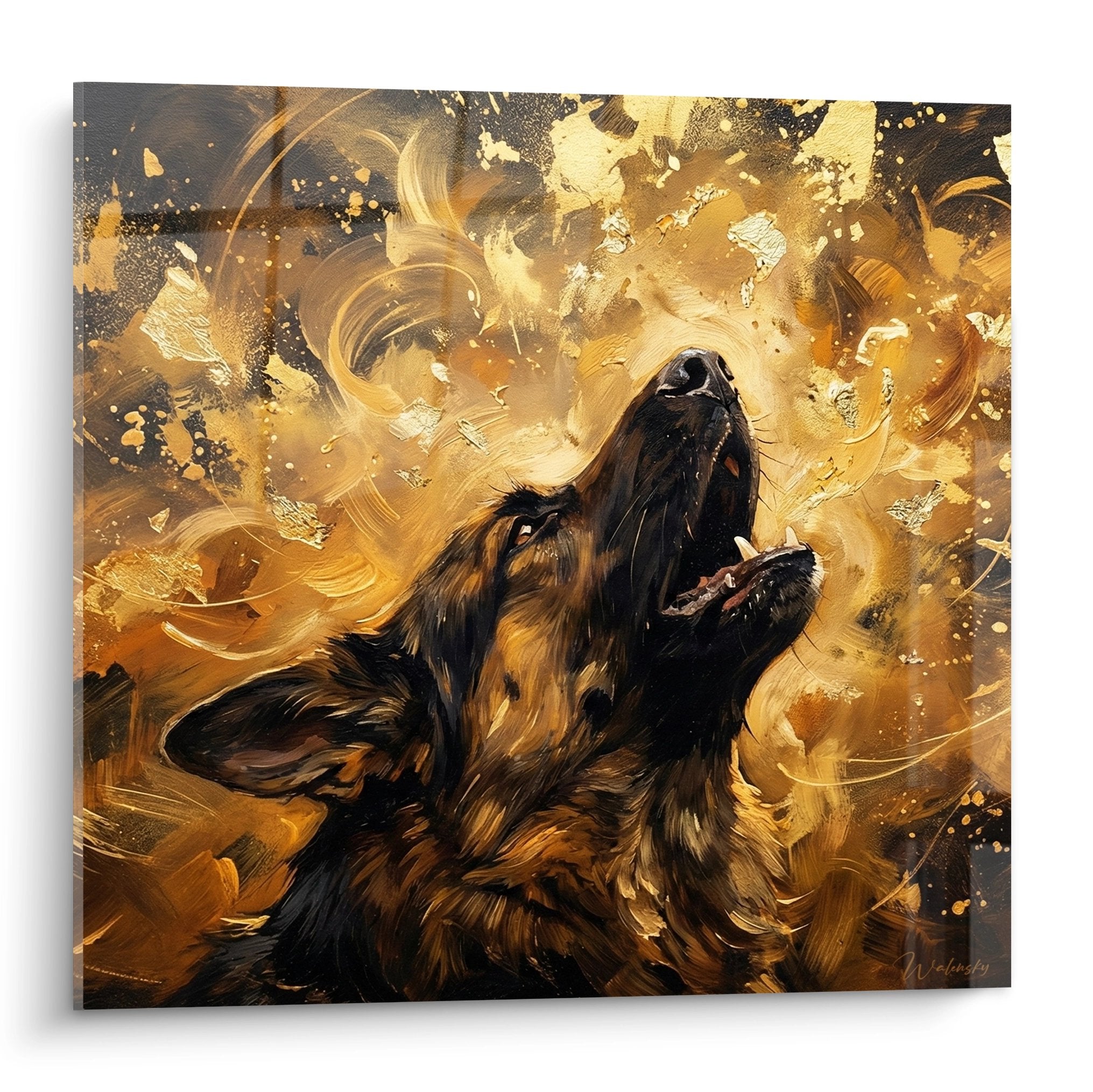 Gemälde Deutscher Schäferhund heulend umgeben von goldenem Wirbel künstlerische Malerei Bronzetöne