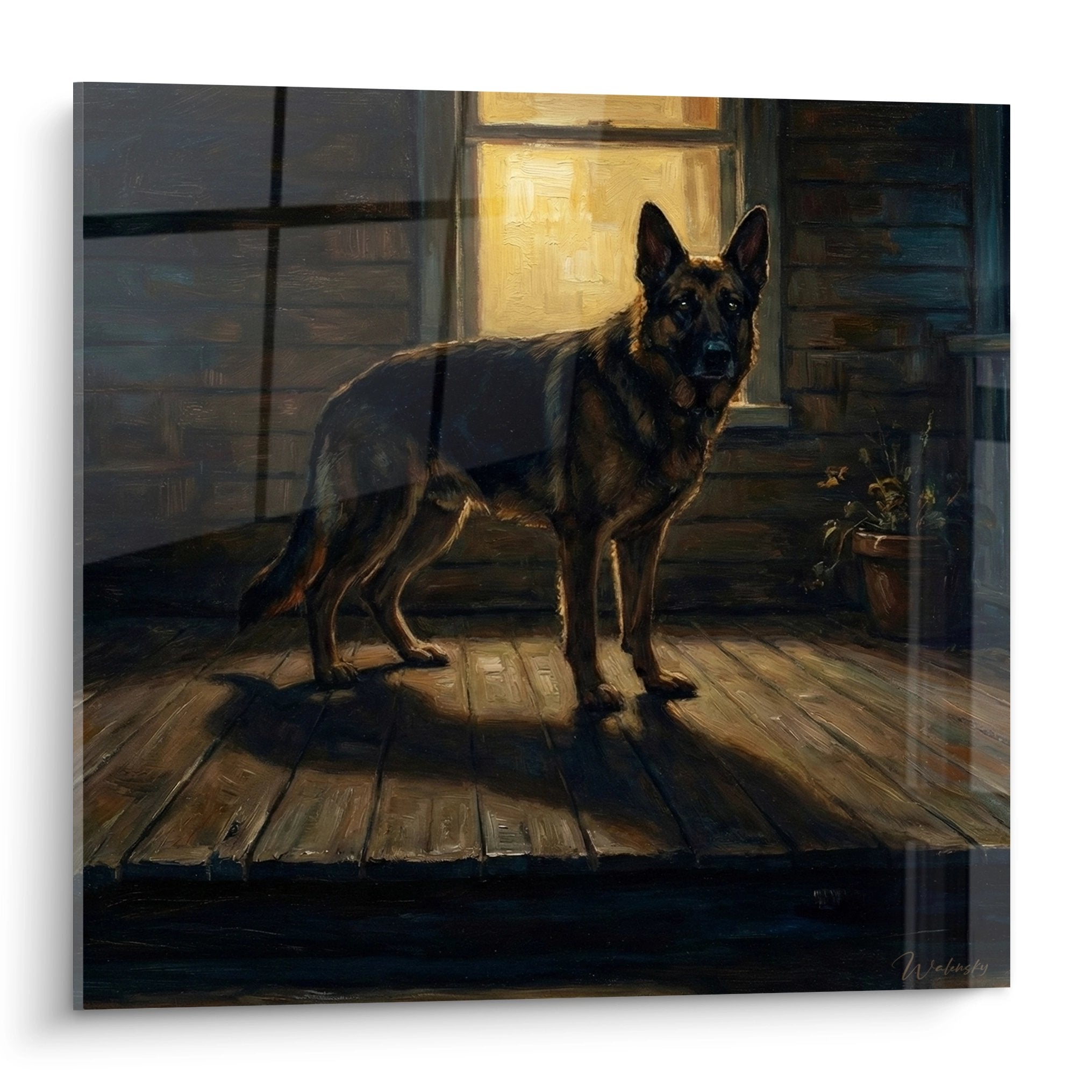 deutscher Schäferhund Gemälde warmes Interieur goldenes Licht Holzparkett realistische Malerei Wanddekoration