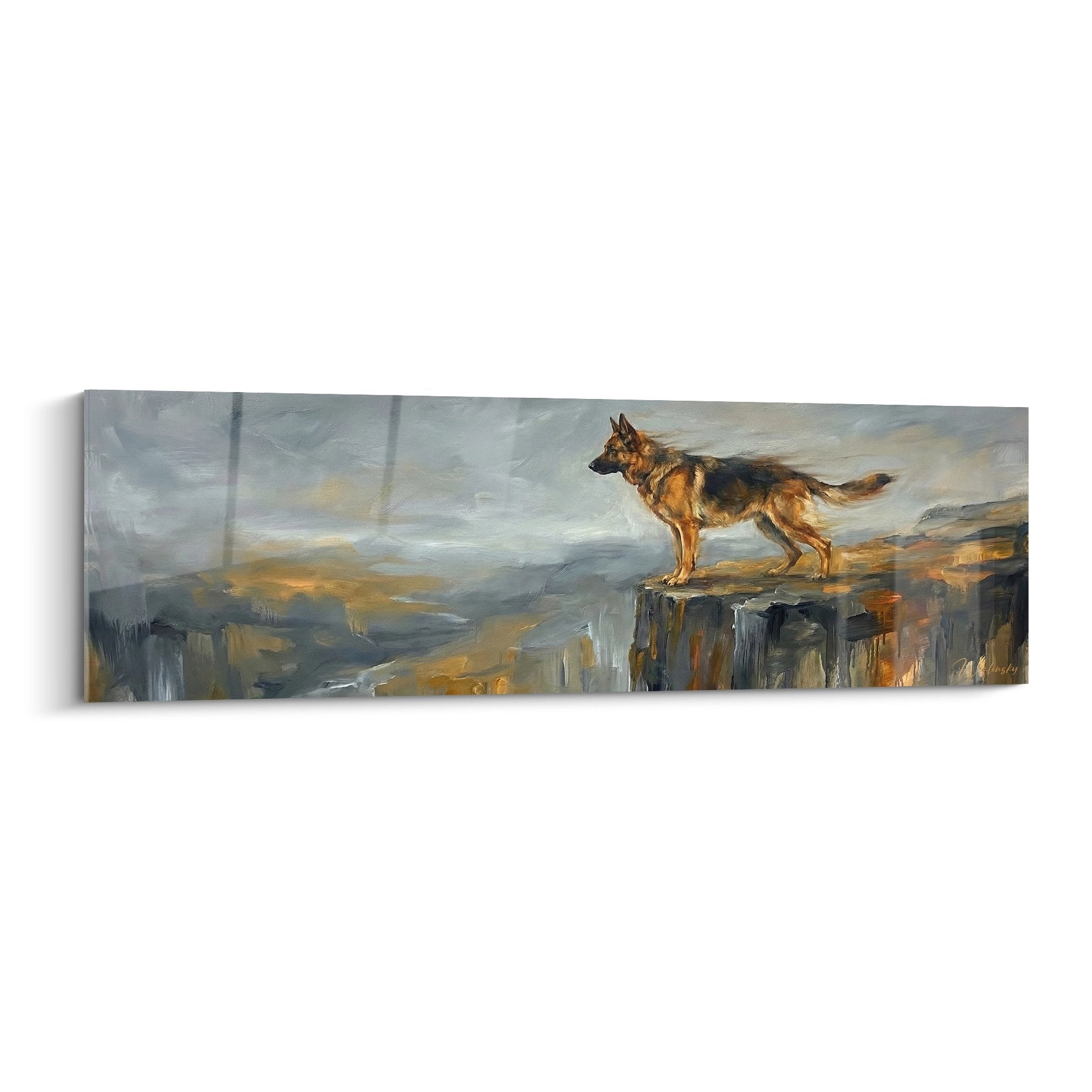 Berger allemand majestueux perché sur falaise rocheuse tons ocre et dorés peinture artistique