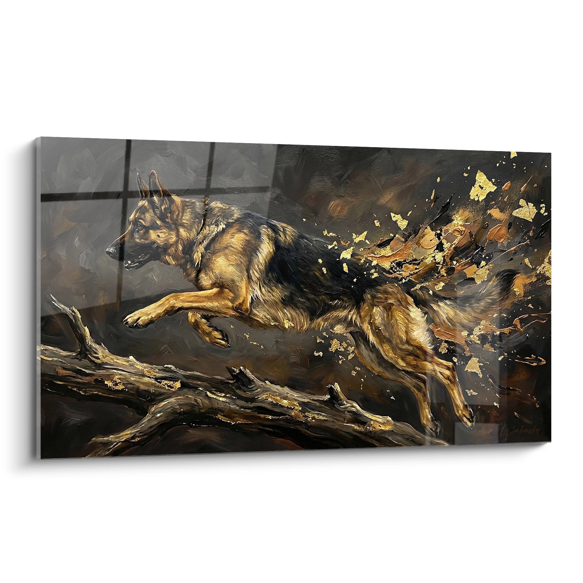 Quadro pastore tedesco in movimento con schizzi dorati su sfondo scuro stile moderno