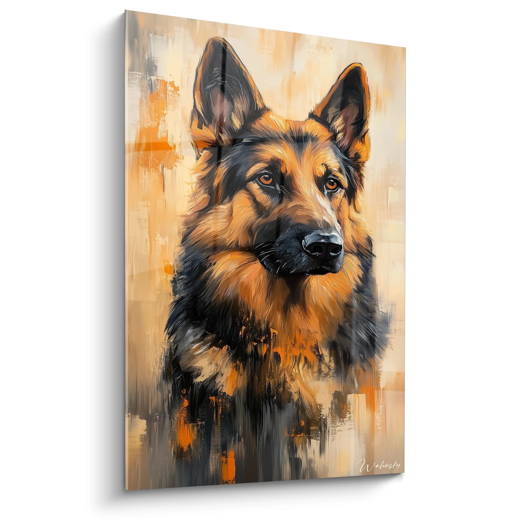 Un tableau Berger Allemand représentant un portrait expressif du chien, avec des oreilles dressées et un regard intense. Dominance de tons orange, noir et beige sur fond texturé avec coups de pinceau visibles et transitions abstraites.
