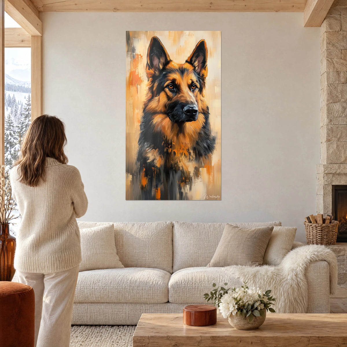 Wall art German Shepherd with tawny and black coat, amber eyes, ochre and orange background, above a sofa in a bright living room