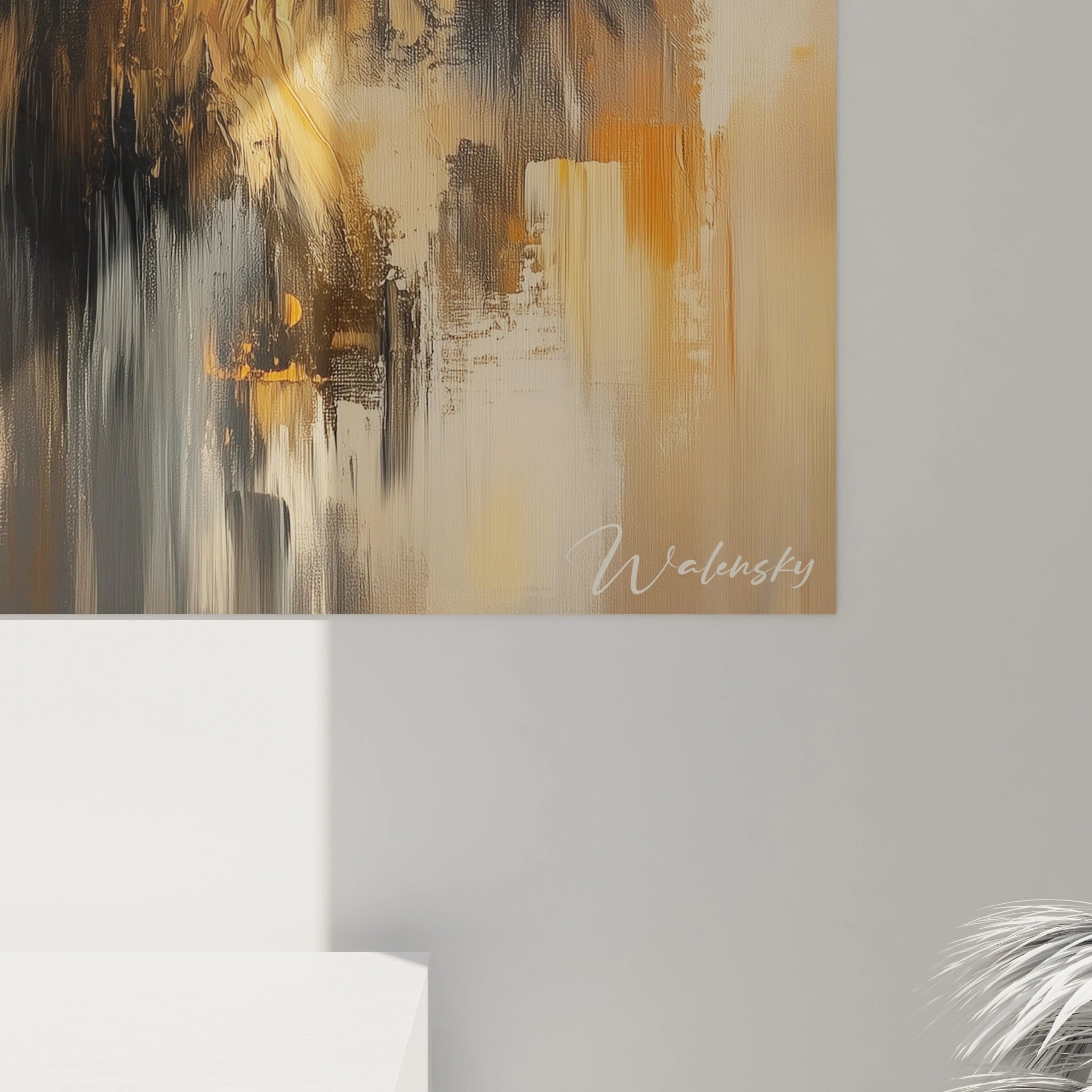 Un tableau Berger Allemand affichant un portrait canin saisissant avec détails précis du museau et des yeux. Composition centrée sur fond beige-orangé texturé, techniques de superposition créant dimension et mouvement dans le pelage noir et orange.
