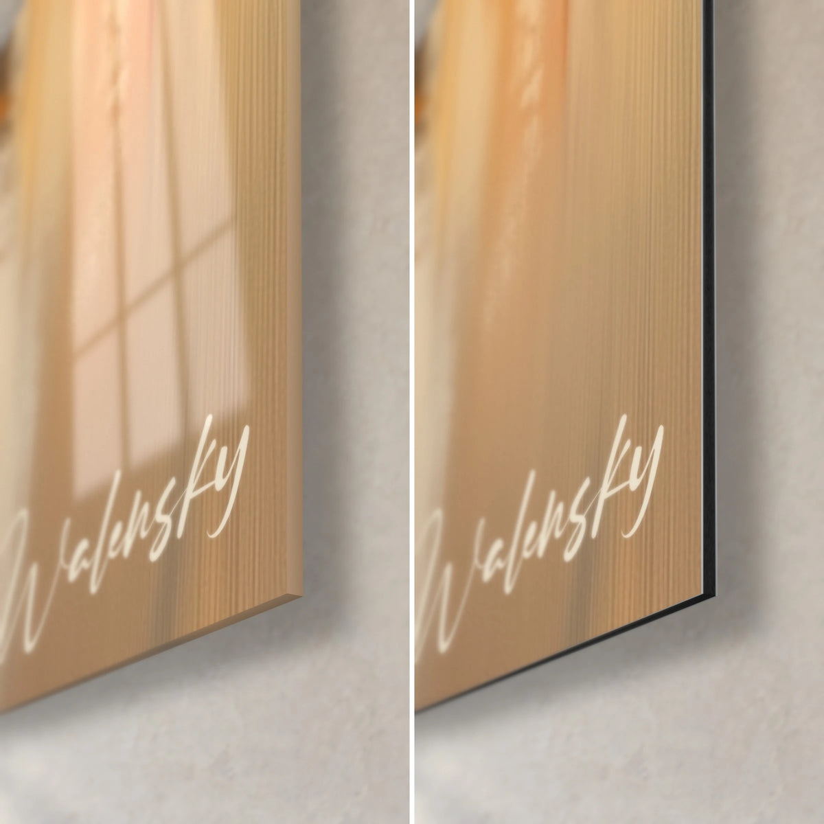 Wall art dog portrait in ochre and black brushstrokes, bottom right corner, glossy glass on the left, matte Dibond on the right