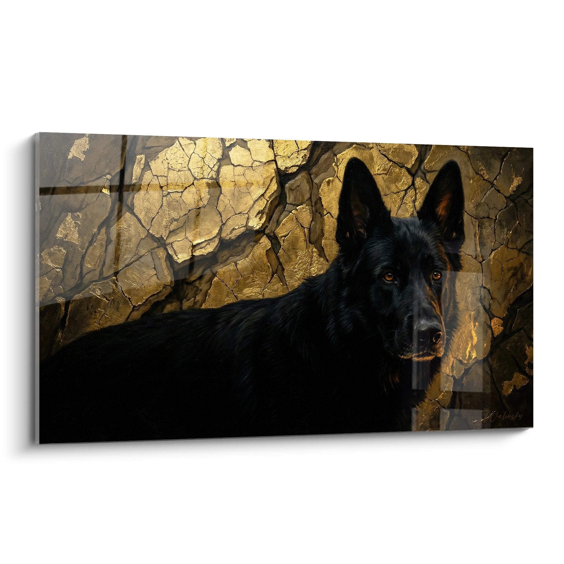 Quadro pastore tedesco nero con occhi dorati su sfondo screpolato texture nei toni ocra e bronzo