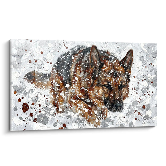 tableau berger allemand portrait aquarelle eclaboussures tons bruns roux fond blanc art moderne canin