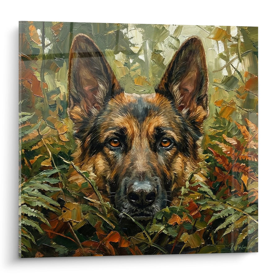 Schilderij Duitse Herder Uitdrukkelijk Portret in het Gebladerte - Intense Blik - Editie Duitse Herder Schilderij