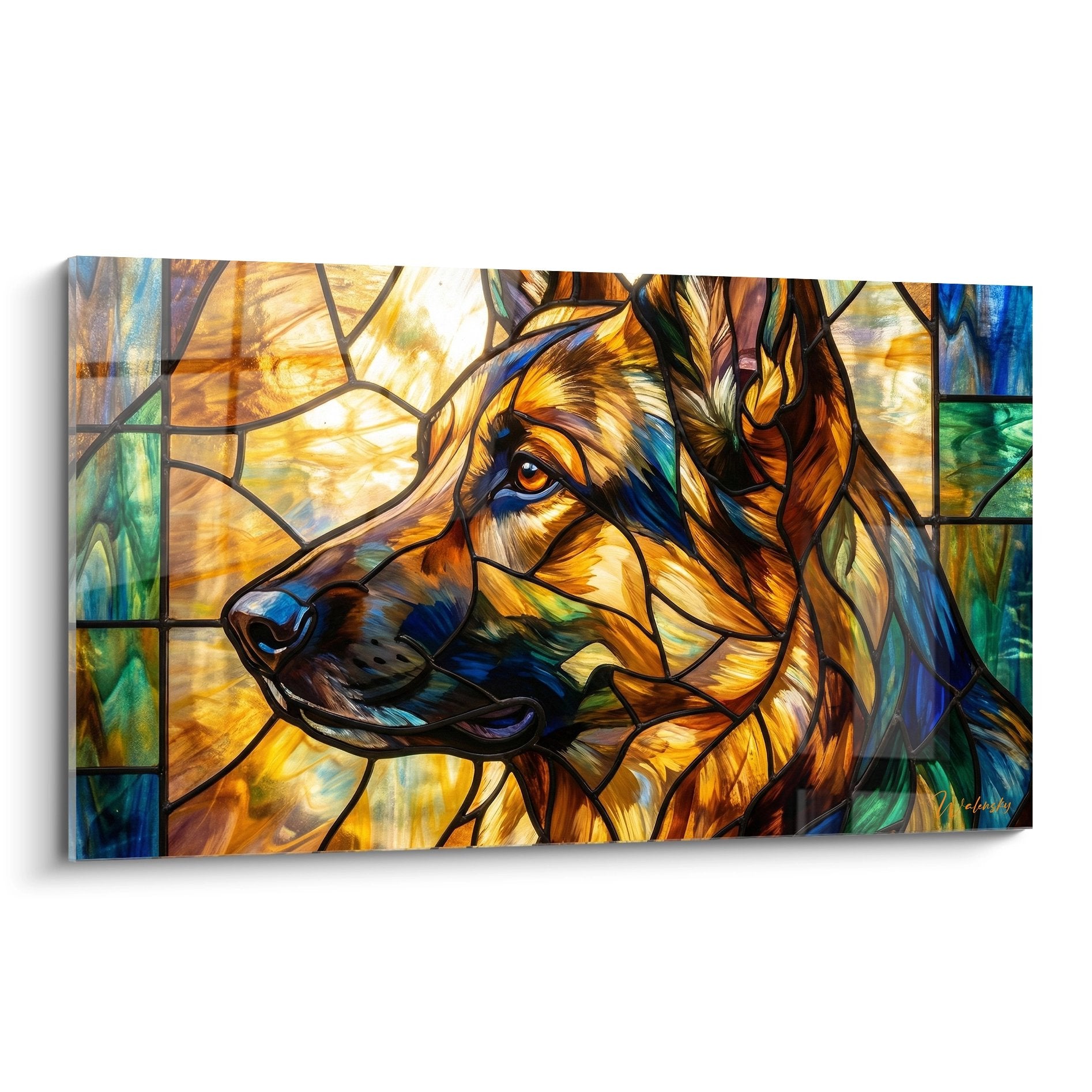 quadro pastore tedesco stile vetrata toni dorati rame ritratto artistico cane nobile espressione benevolente