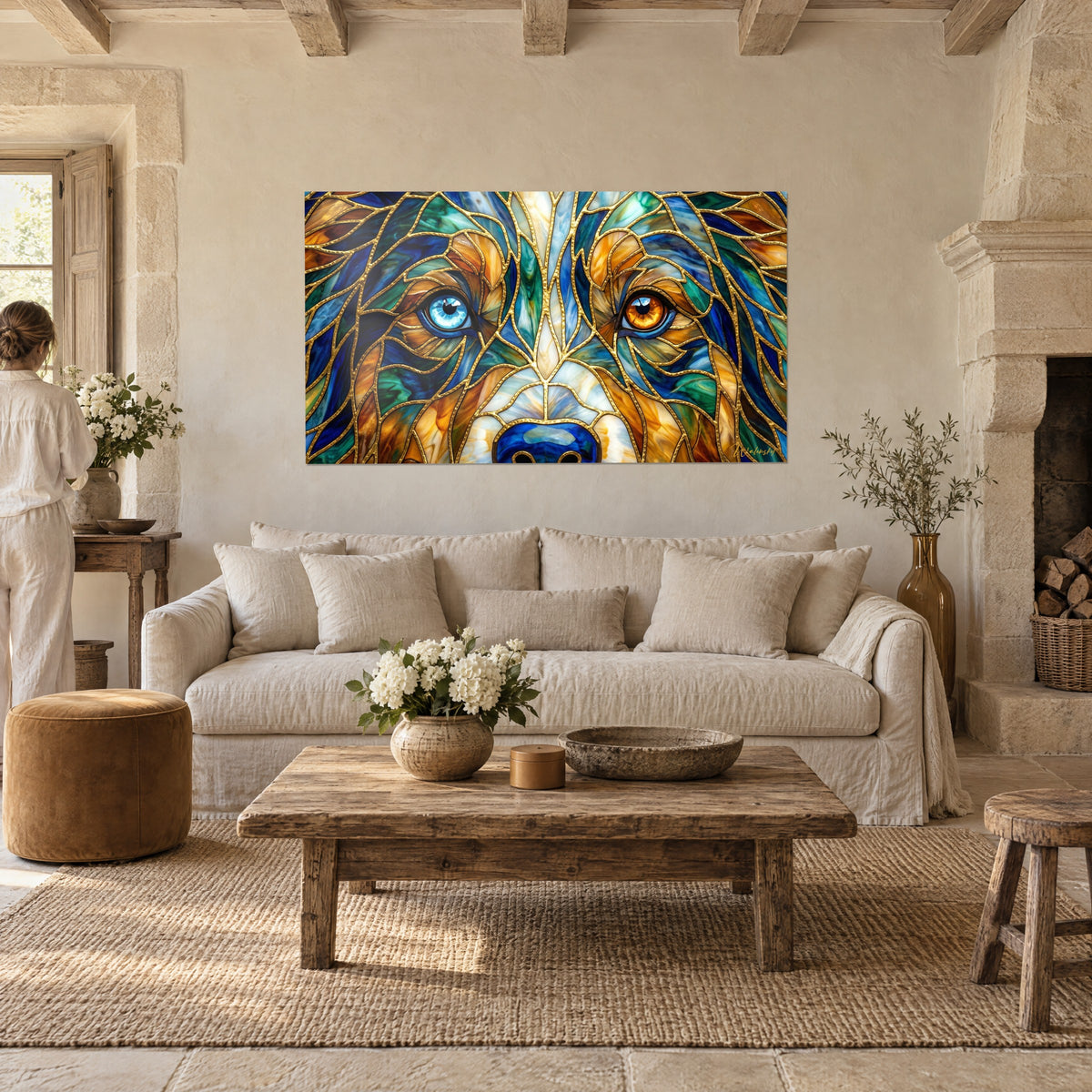 Cuadro perro de ojos vairones en vidriera, ocre, azul y verde con contorno dorado, sobre un sofá en un salón luminoso