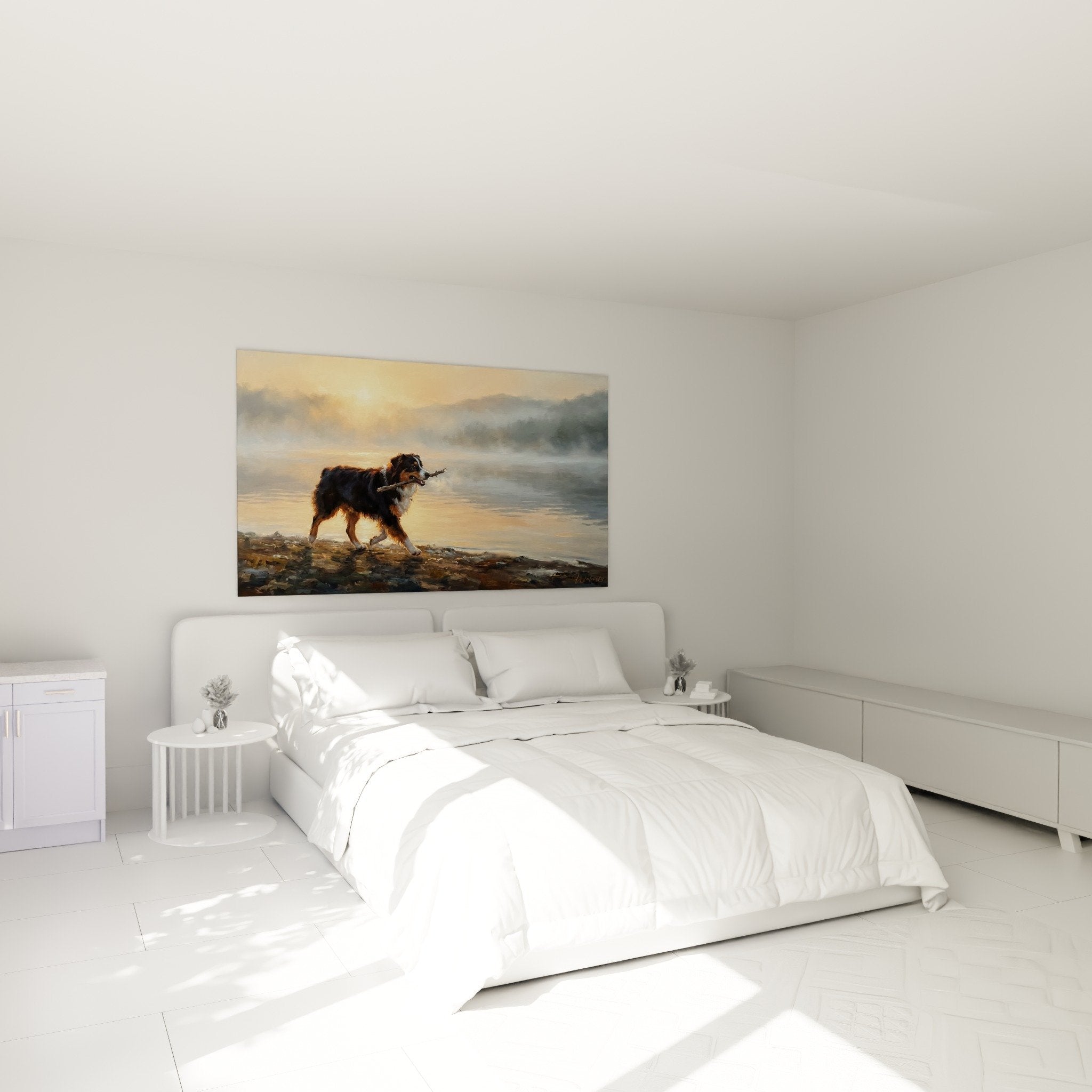 tableau berger americain miniature lac soleil couchant dans chambre decoration murale chaleureuse