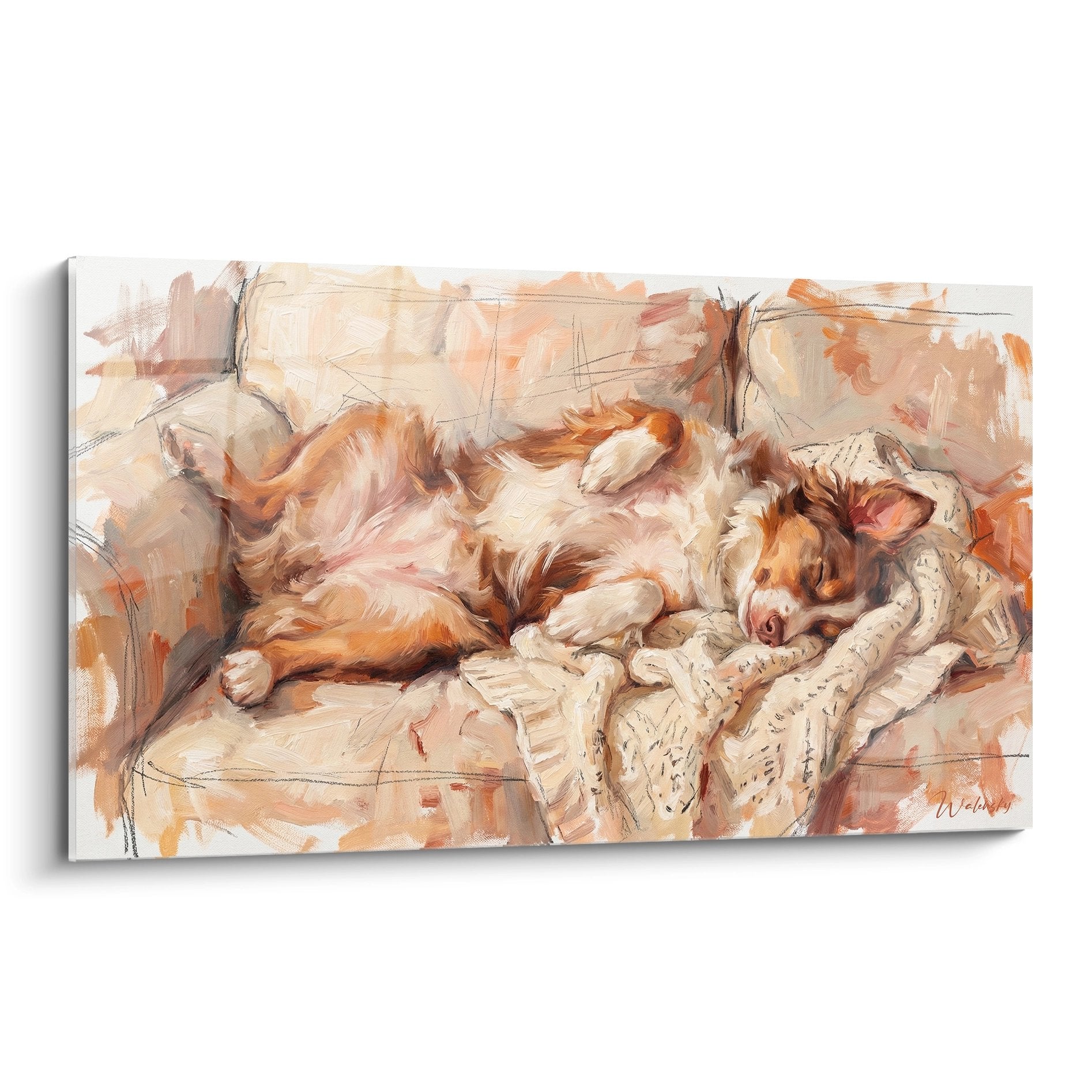 Tableau Berger Américain Miniature roux endormi sur canapé beige, peinture style impressionniste tons chauds