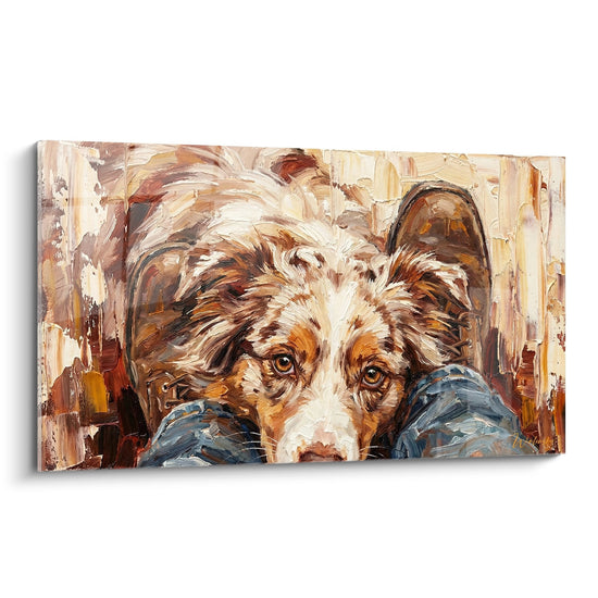Portrait expressif berger americain miniature tons ocre et brun couché sur coussin bleu technique spatule