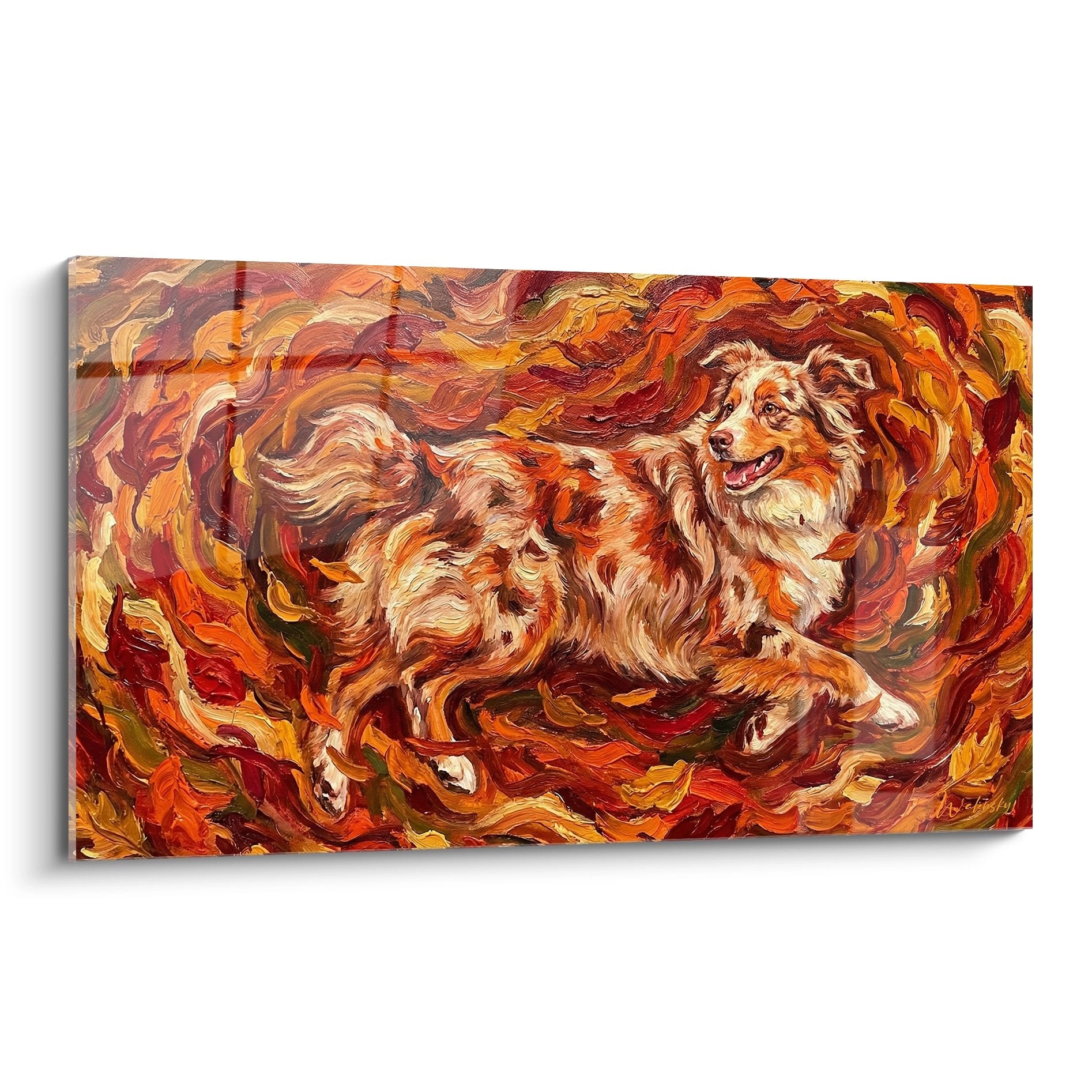 Tableau expressionniste berger americain miniature dans tourbillon rouge orange flammes artistiques peinture