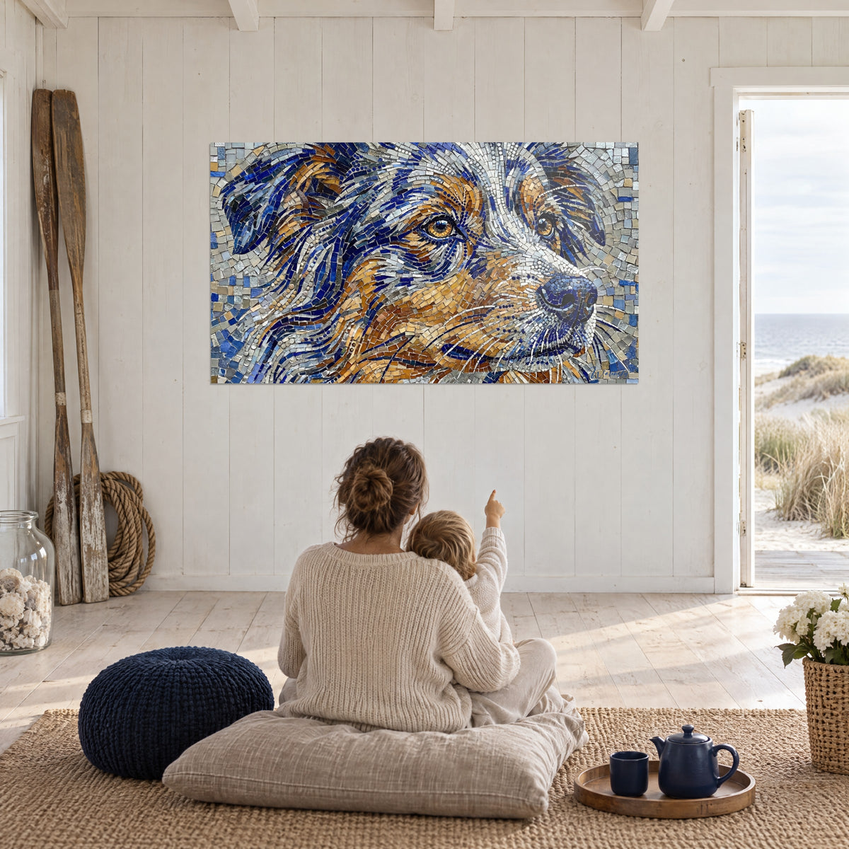Quadro pastore in mosaico, pelo di tessere blu reale e caramello, occhio ambrato luminoso, parete bianca, porta aperta sulle dune