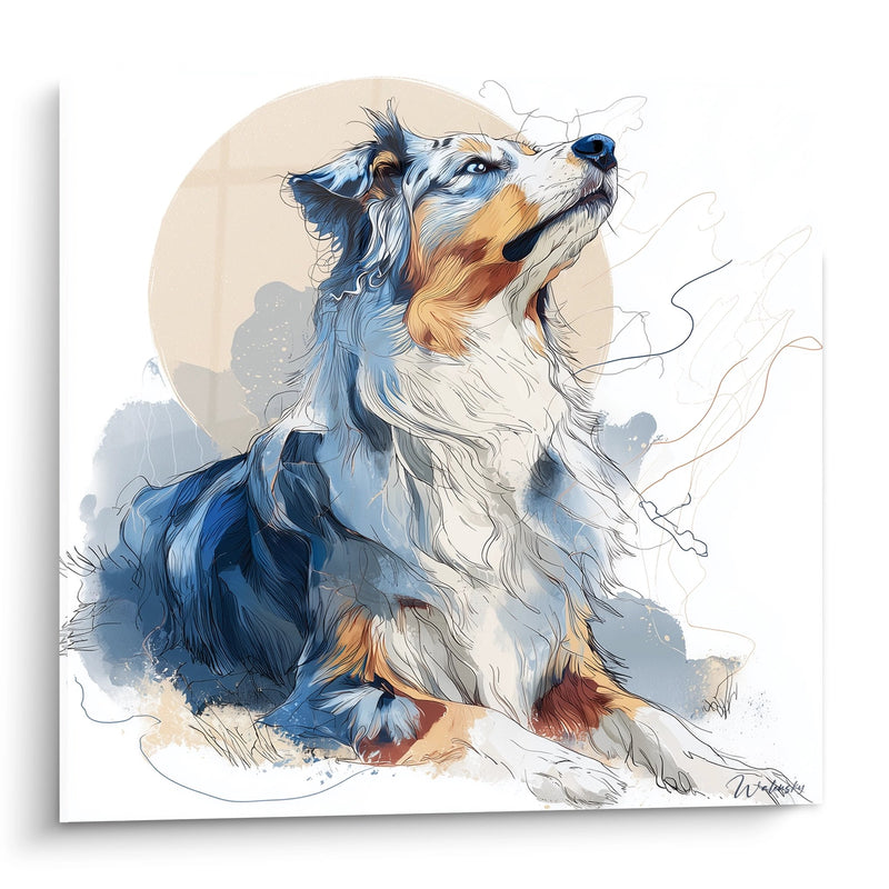 Australischer Schäferhund Aquarell Blau und Rot - Elegantes künstlerisches Porträt - Australischer Schäferhund Gemälde Edition