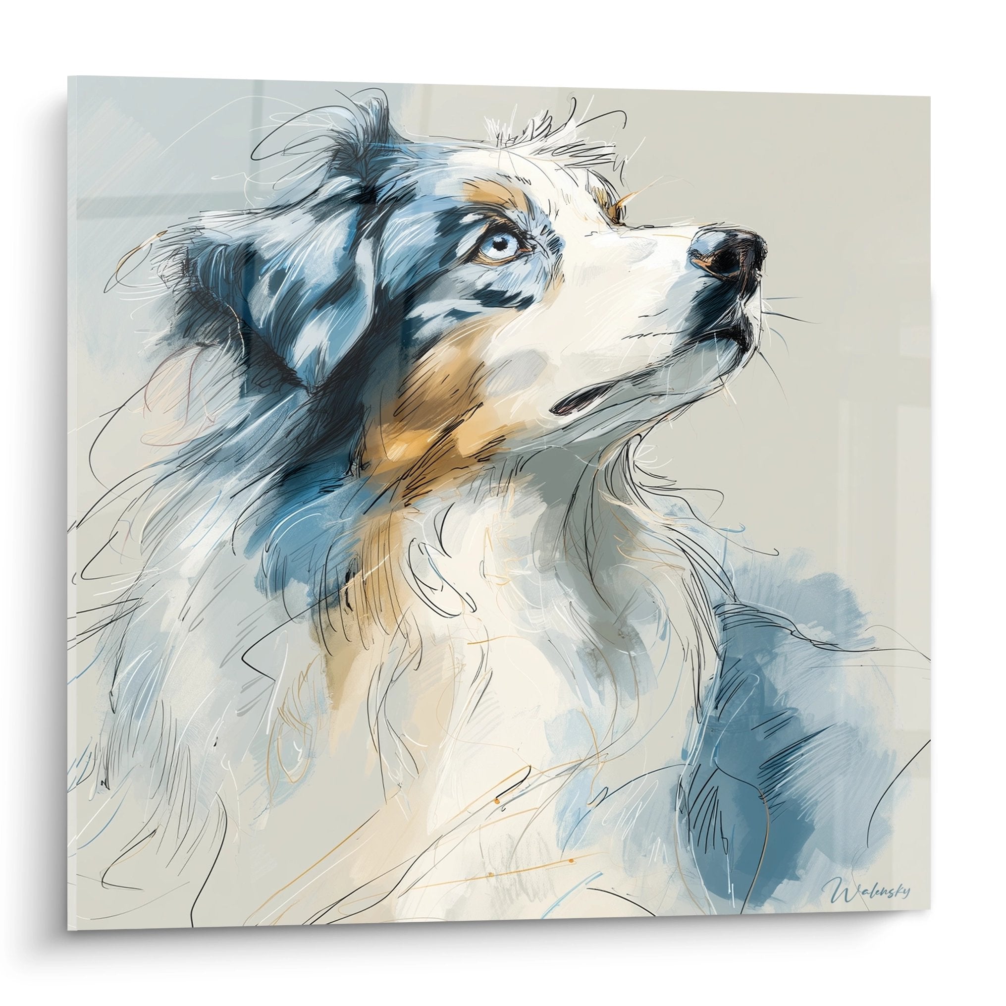 Watercolor portrait of blue-eyed Australian Shepherd, white and gray coat, modern artistic style