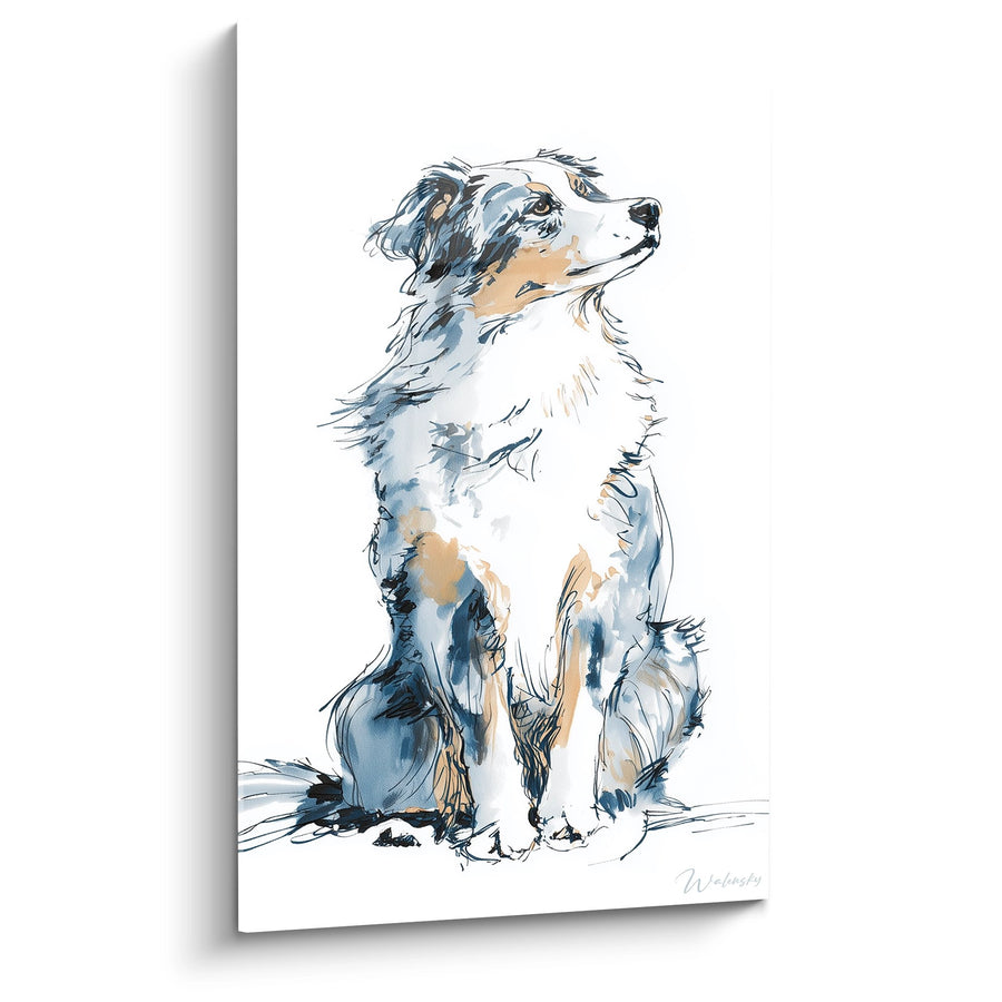 Tableau Berger Australien Assis Aquarelle - Portrait Canin Artistique - Edition Tableau Berger Australien
