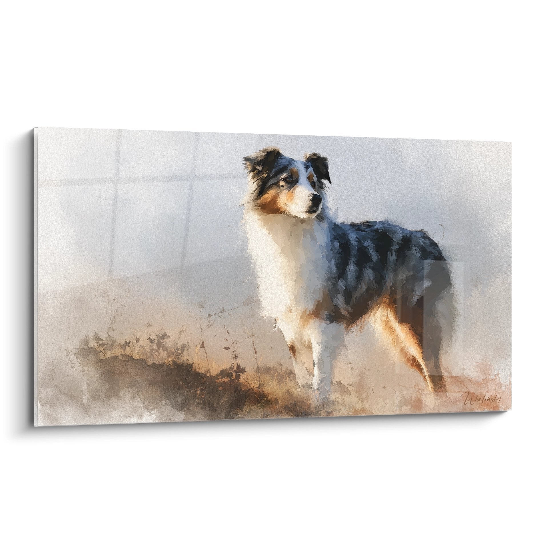Australian Shepherd with blue eyes in watercolor style with misty background in blue ochre tones
