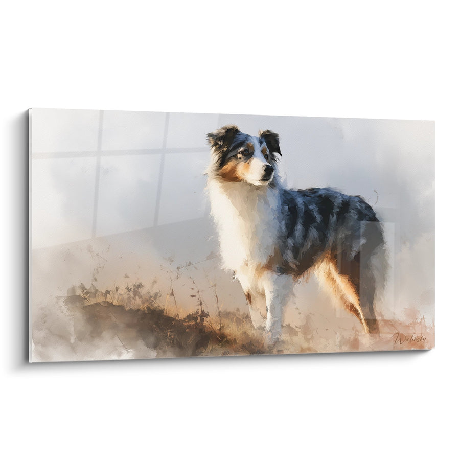 Tableau Berger Australien aux Yeux Bleus dans la Brume - Portrait Aquarelle - Edition Tableau Berger Australien