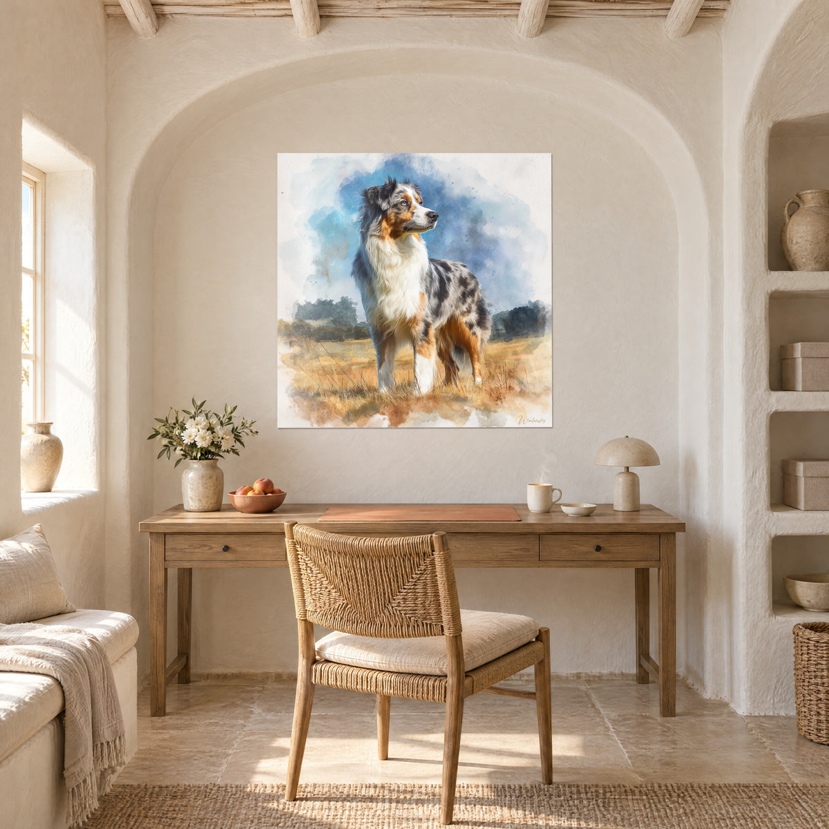 Schilderij van een hond met lichte ogen en een koperkleurig masker, blauwe wolken en gouden grassen, opgehangen boven een bureau van licht hout
