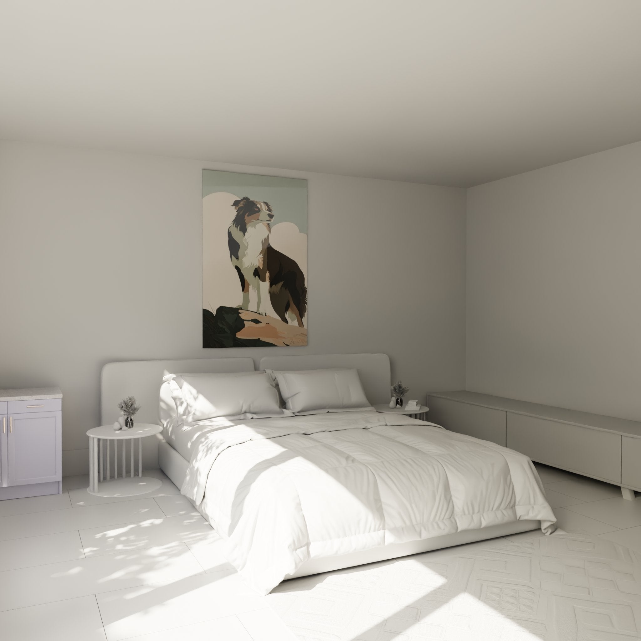 Tricolour Australian Shepherd painting bedroom wall art dog portrait pastel tones soothing atmosphere