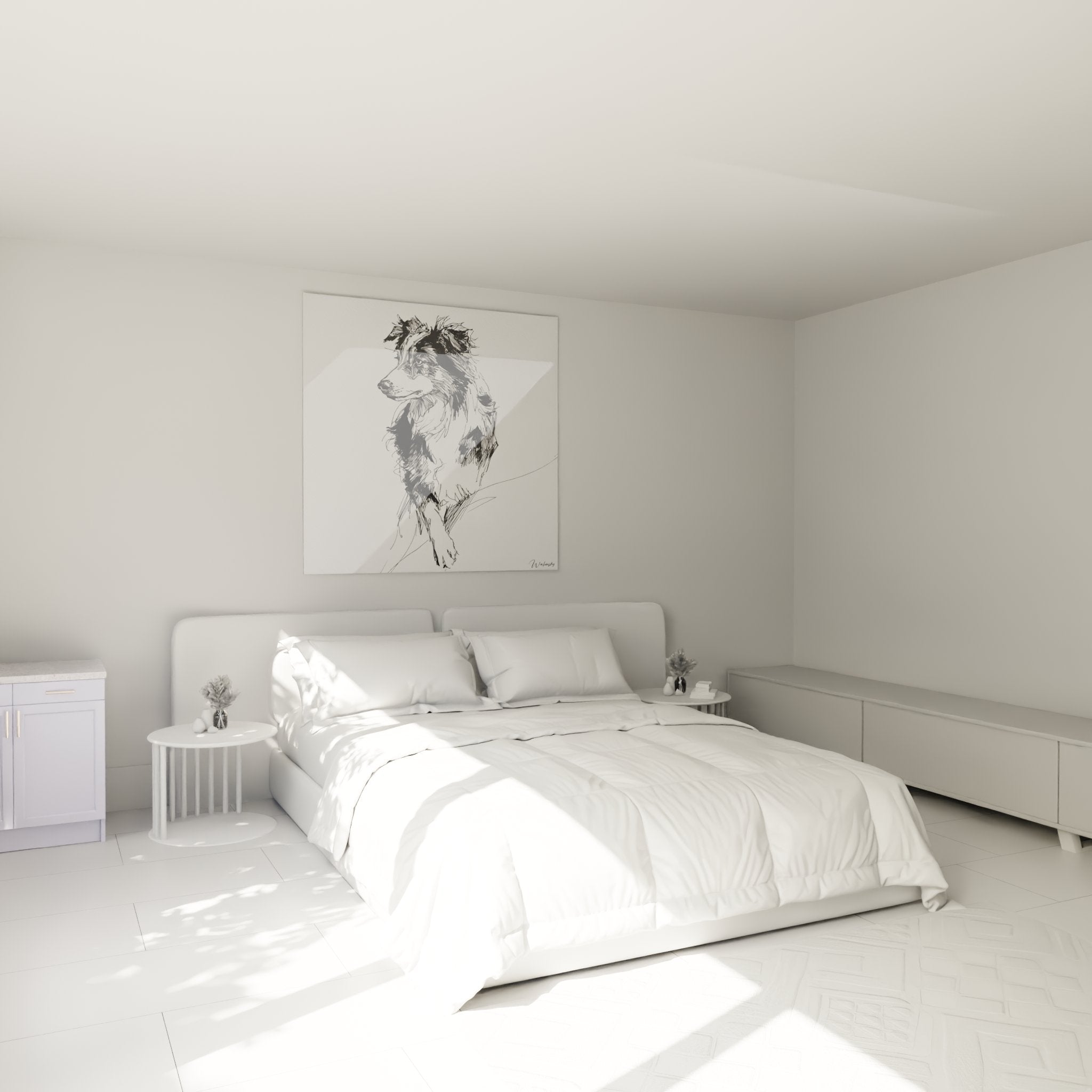 Australian shepherd sketch black white wall art bedroom decor serene ambiance