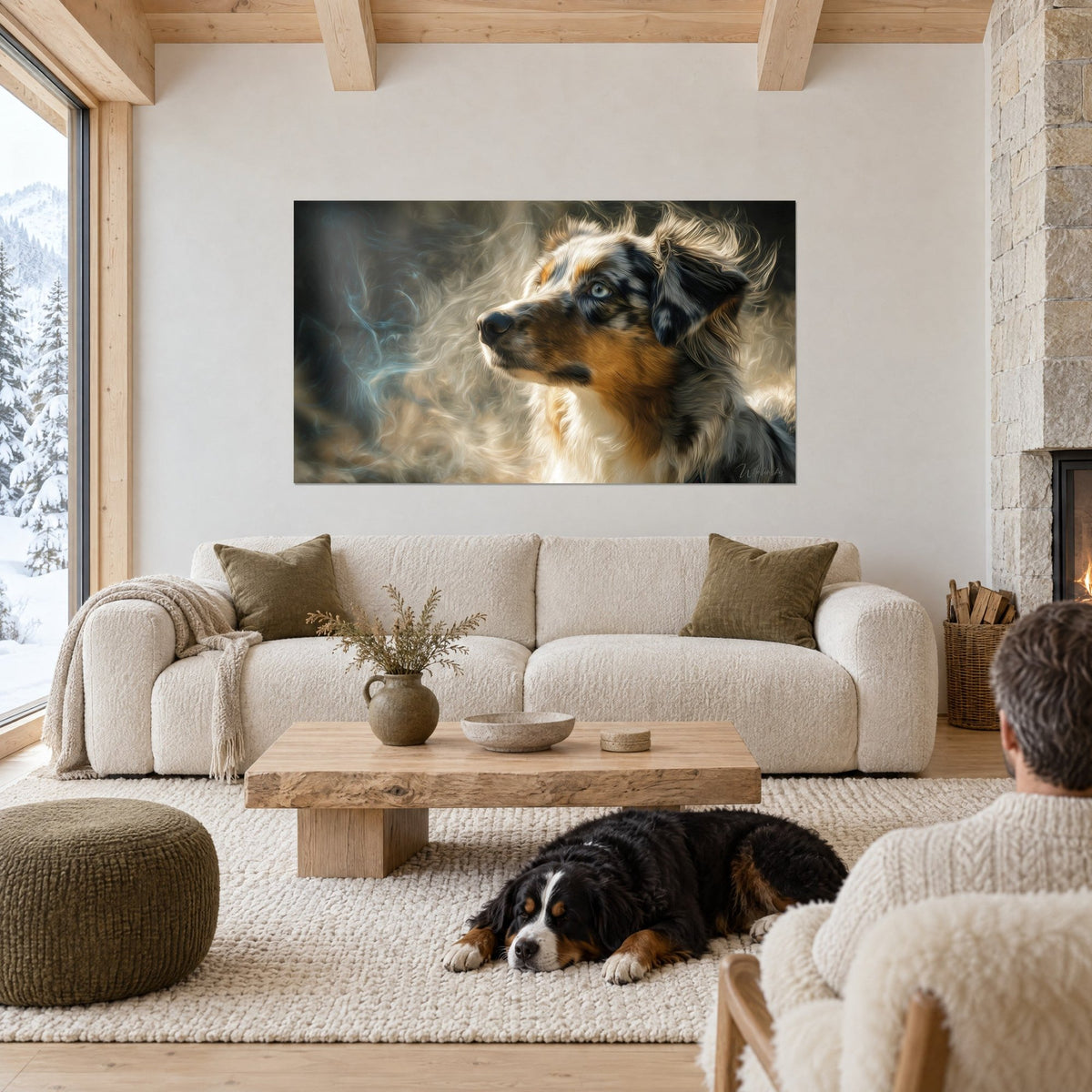 Tableau berger australien merle au regard bleu, fourrure fumée beige et ocre, au-dessus d'un canapé dans un salon lumineux