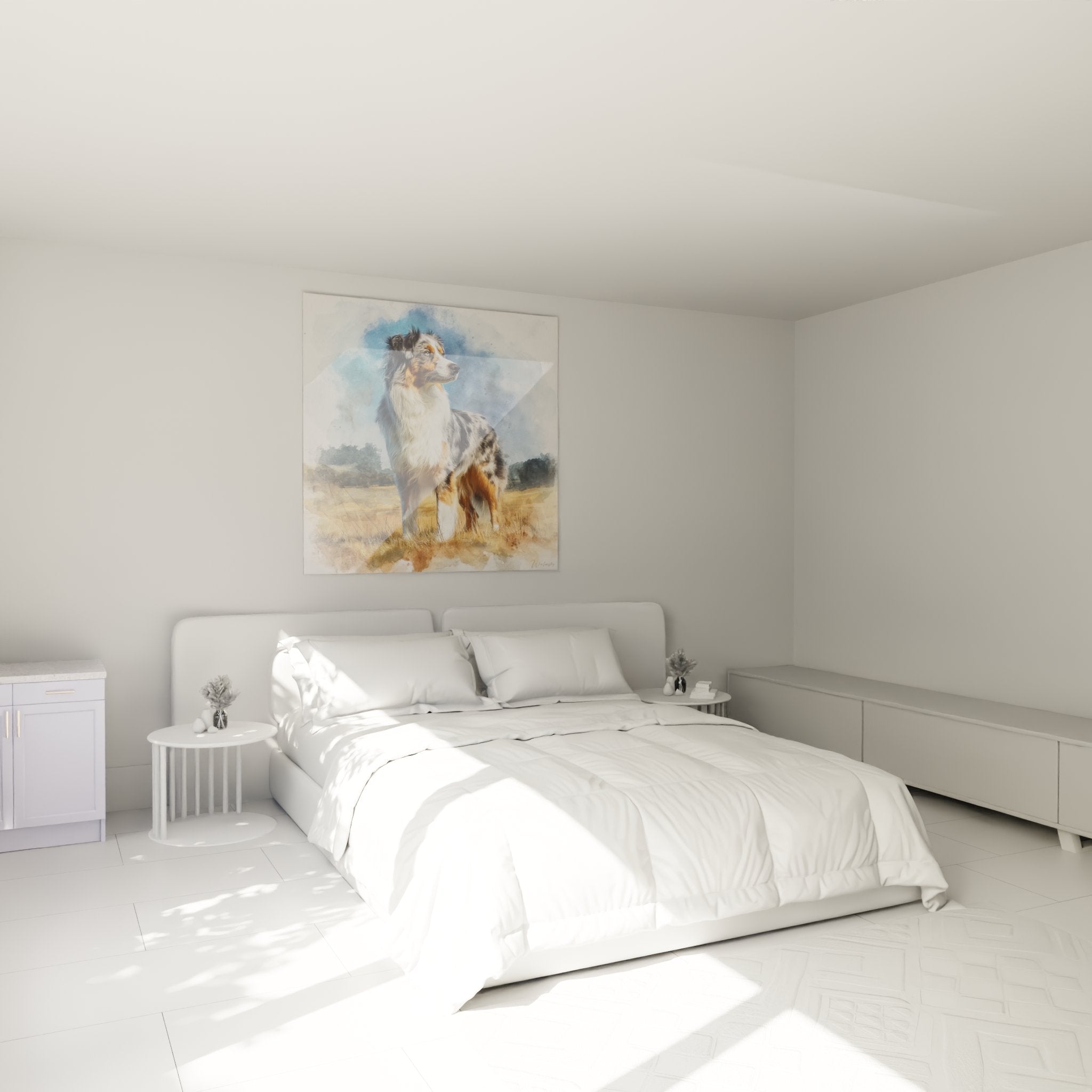 australian shepherd dog wall art in bedroom watercolor dog painting warm cozy atmosphere