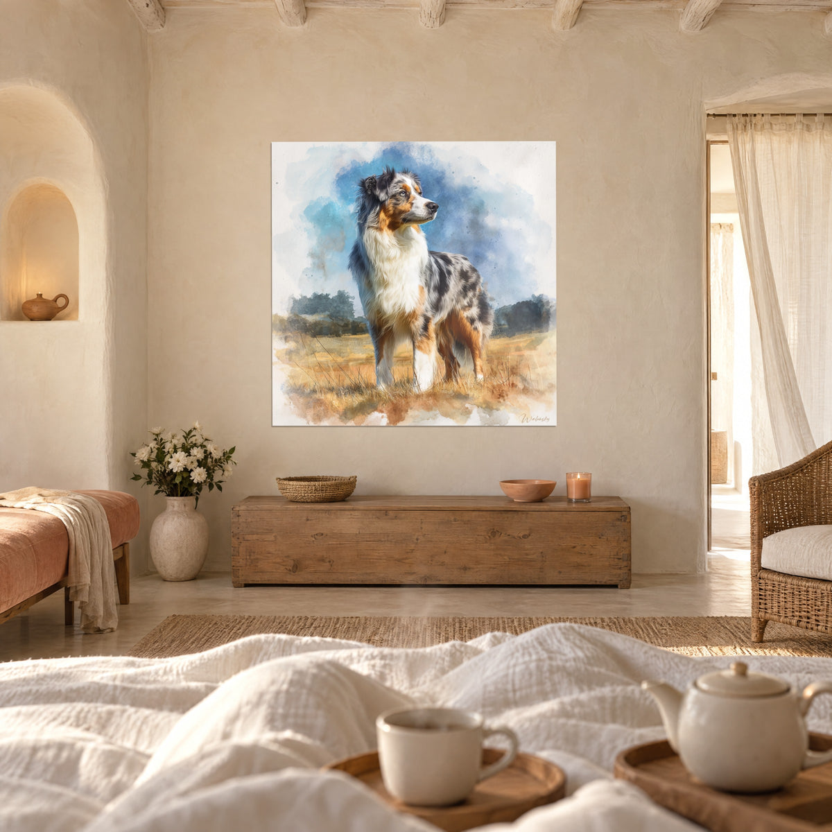 Schilderij van een hondenportret met crèmewitte en zwart gespikkelde vacht, uitgewassen blauwe lucht, boven een bed in een lichte slaapkamer