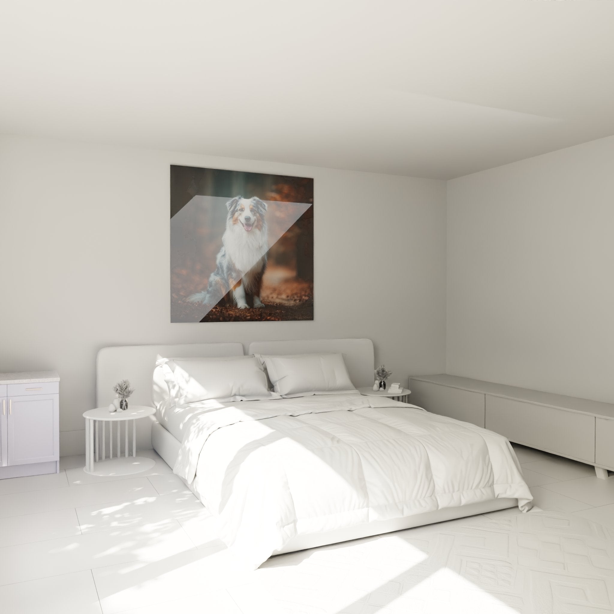 Australian Shepherd tricolor wall art in modern bedroom, warm canine portrait on beige wall with natural décor