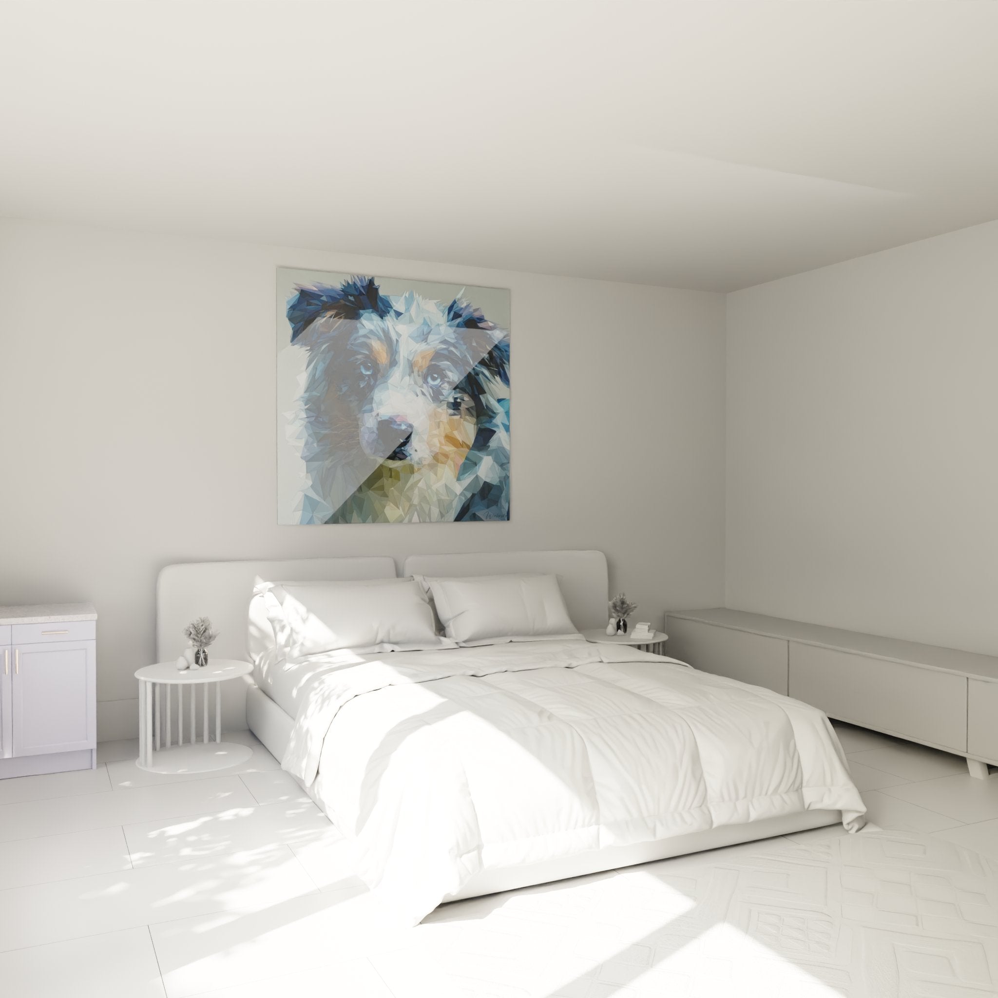 Geometric Australian Shepherd blue wall art modern bedroom decor white wall