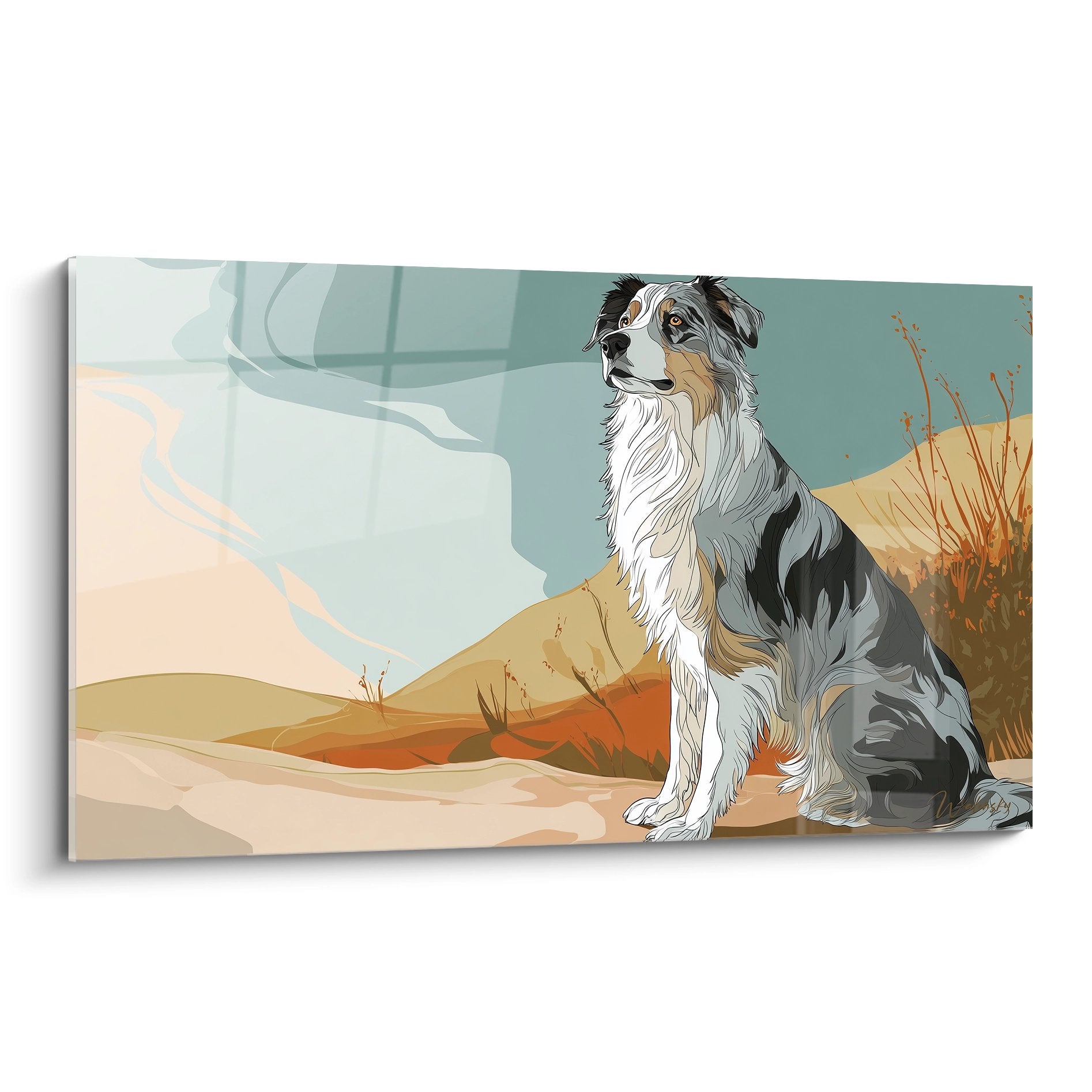 Tricolor Australian Shepherd sitting in desert landscape with ochre and golden tones wall art