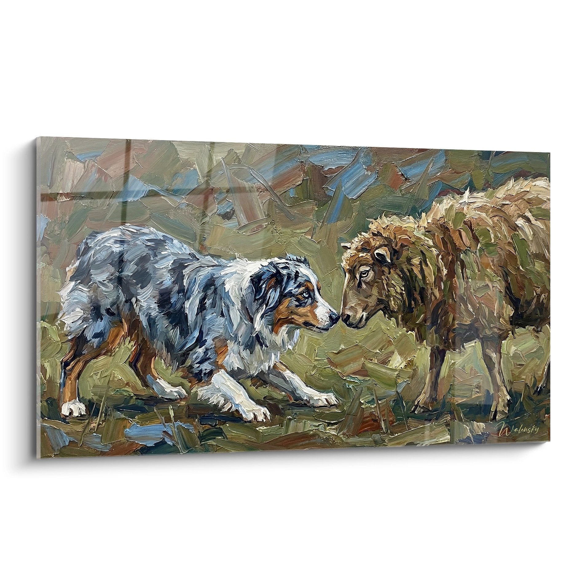 Tableau berger australien tricolore face à mouton laine crème, peinture pastorale tons terreux ocre vert