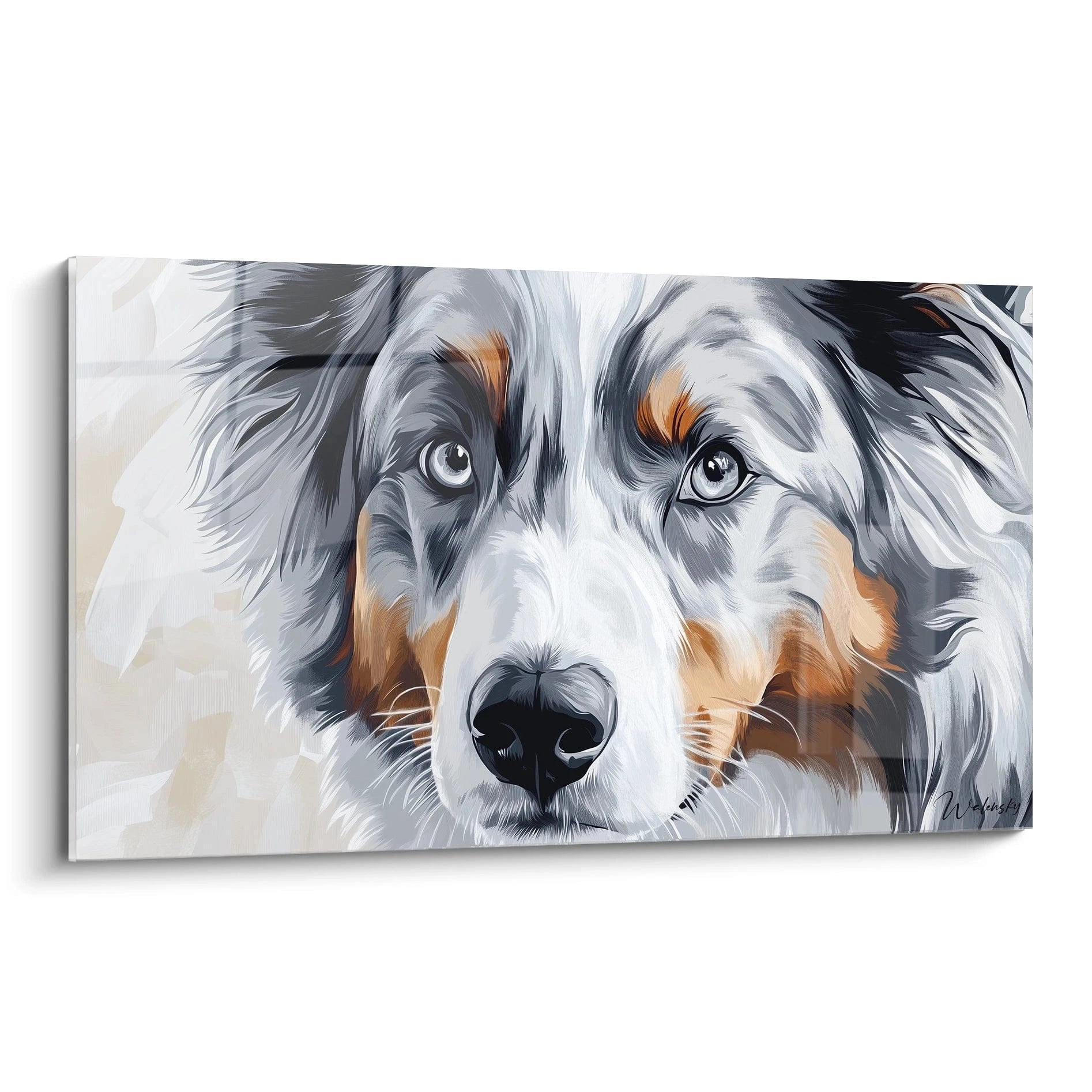 Un tableau Berger Australien représentant un gros plan du visage d'un chien tricolore aux yeux bleus perçants. Le pelage mêlant blanc, noir et marron est rendu avec des coups de pinceau fluides créant un effet de texture soyeuse sur fond clair.
