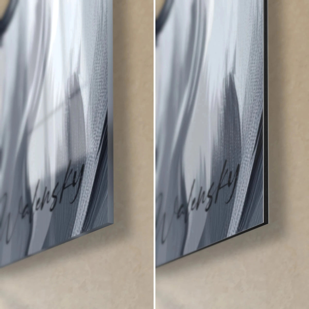 Quadro pastore australiano in grigio e bianco, angolo in basso a destra, vetro acrilico lucido e Dibond nero opaco