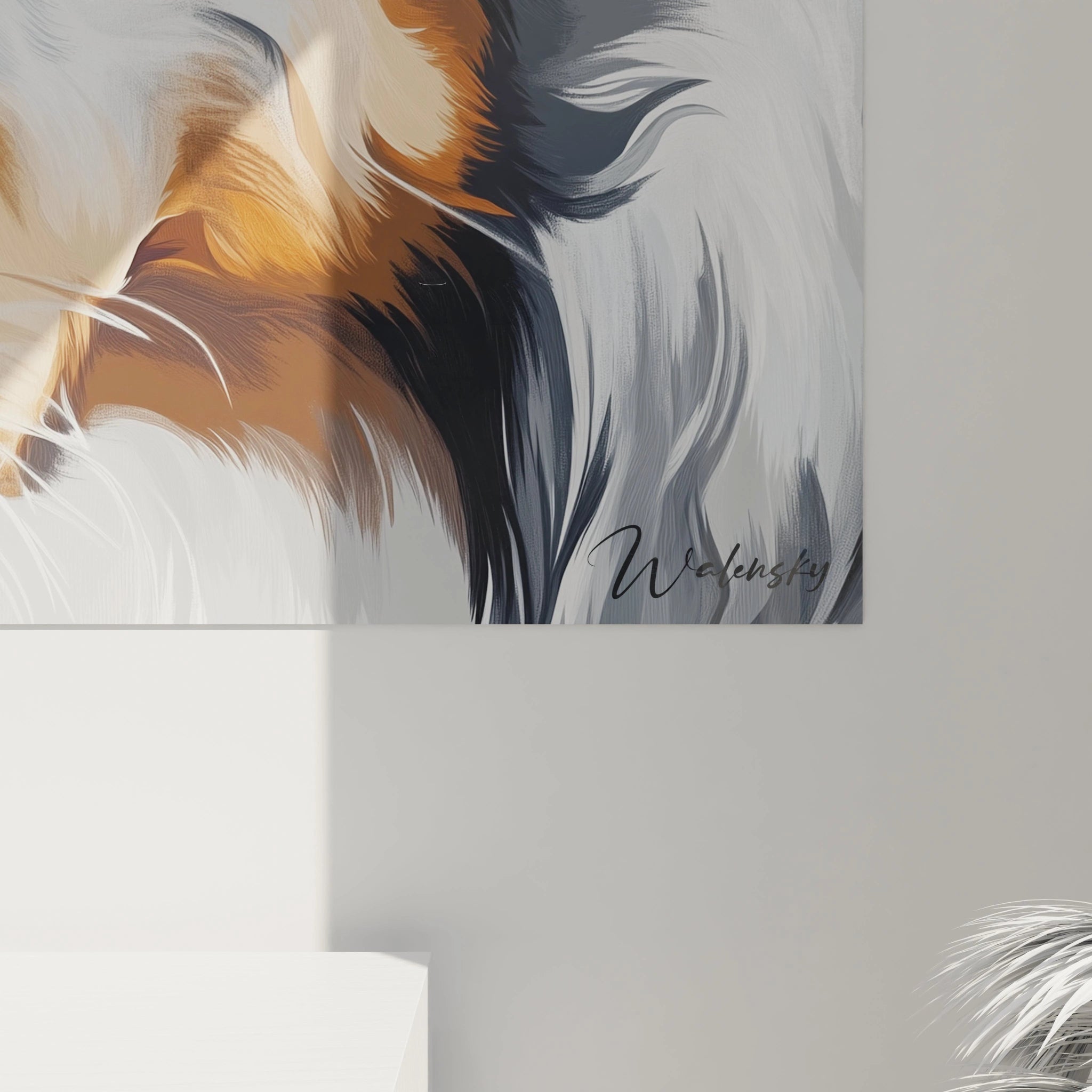 Gros plan d'un tableau Berger Australien représentant la tête d'un chien aux yeux bleus captivants. Les nuances contrastées de blanc, noir et marron du pelage sont rendues avec précision, capturant la texture douce et les reflets naturels caractéristiques de la race.
